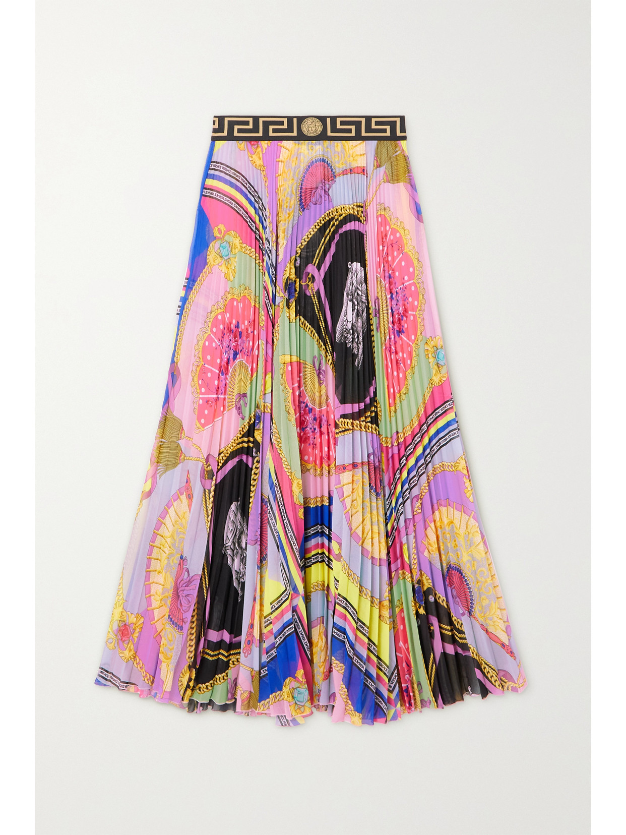 Click to view more detailed imagery on our partner's website Versace Medusa Printed Wrap-effect Chiffon Plissé Skirt In Pink
