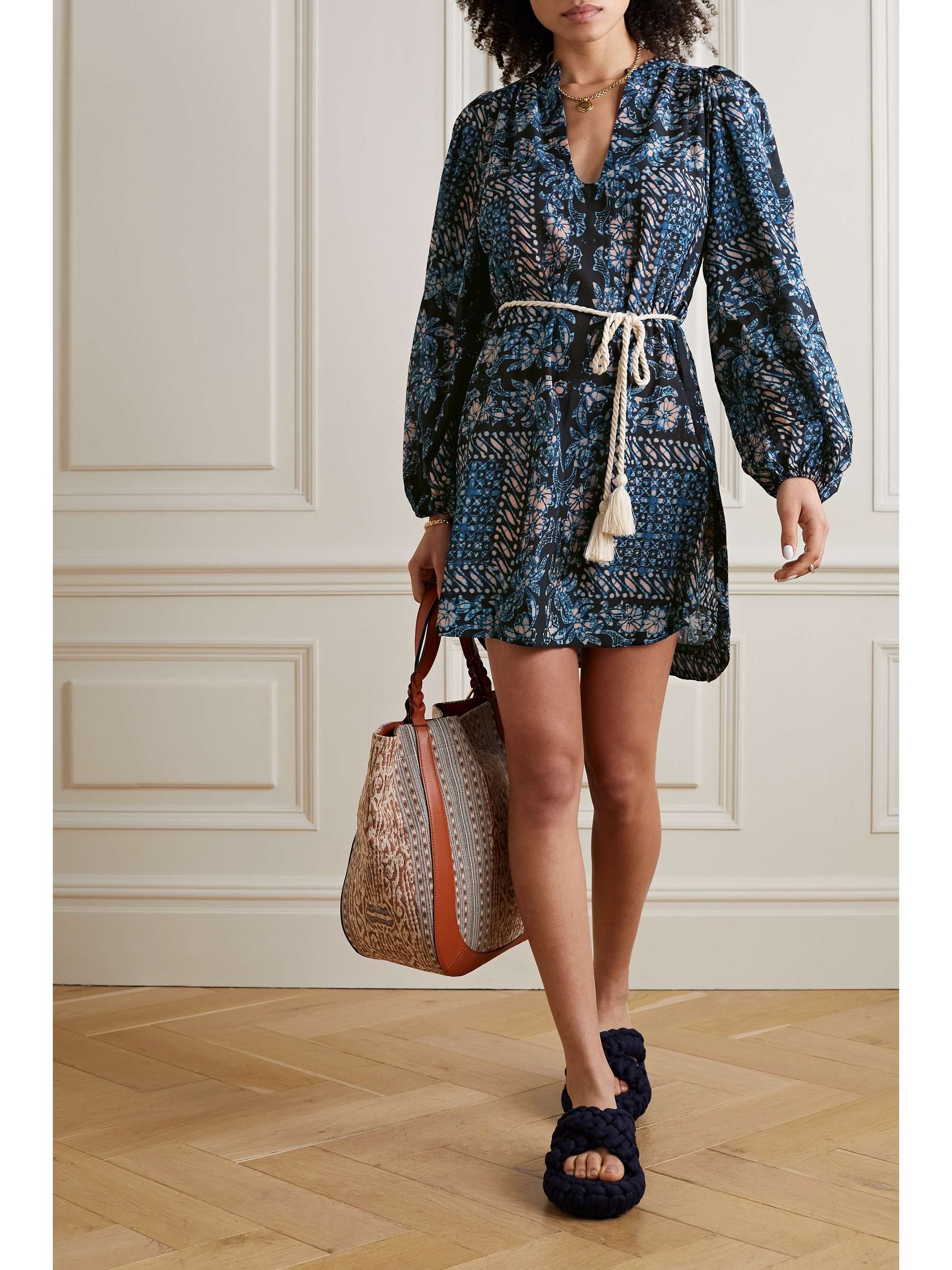 ULLA JOHNSON Nerissa belted printed cotton-blend voile mini dress |  NET-A-PORTER