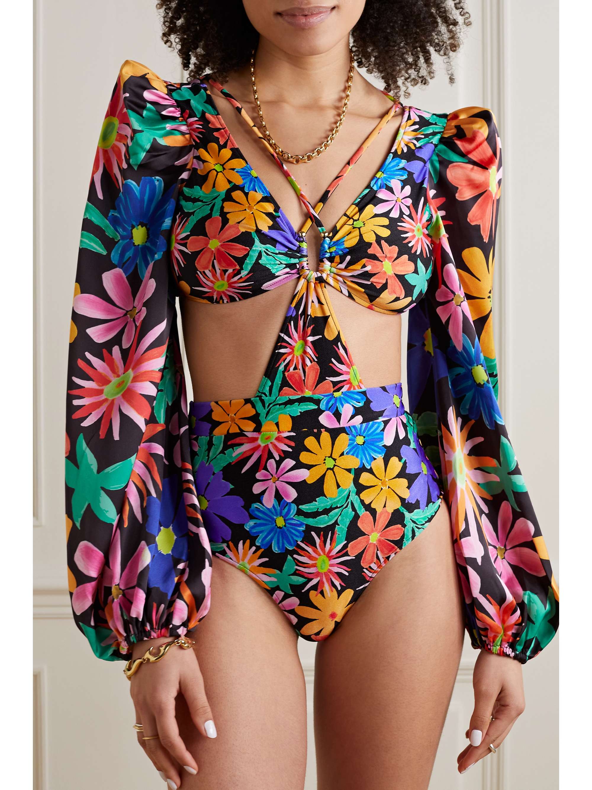 PATBO Aster crepe de chine-paneled cutout floral-print swimsuit