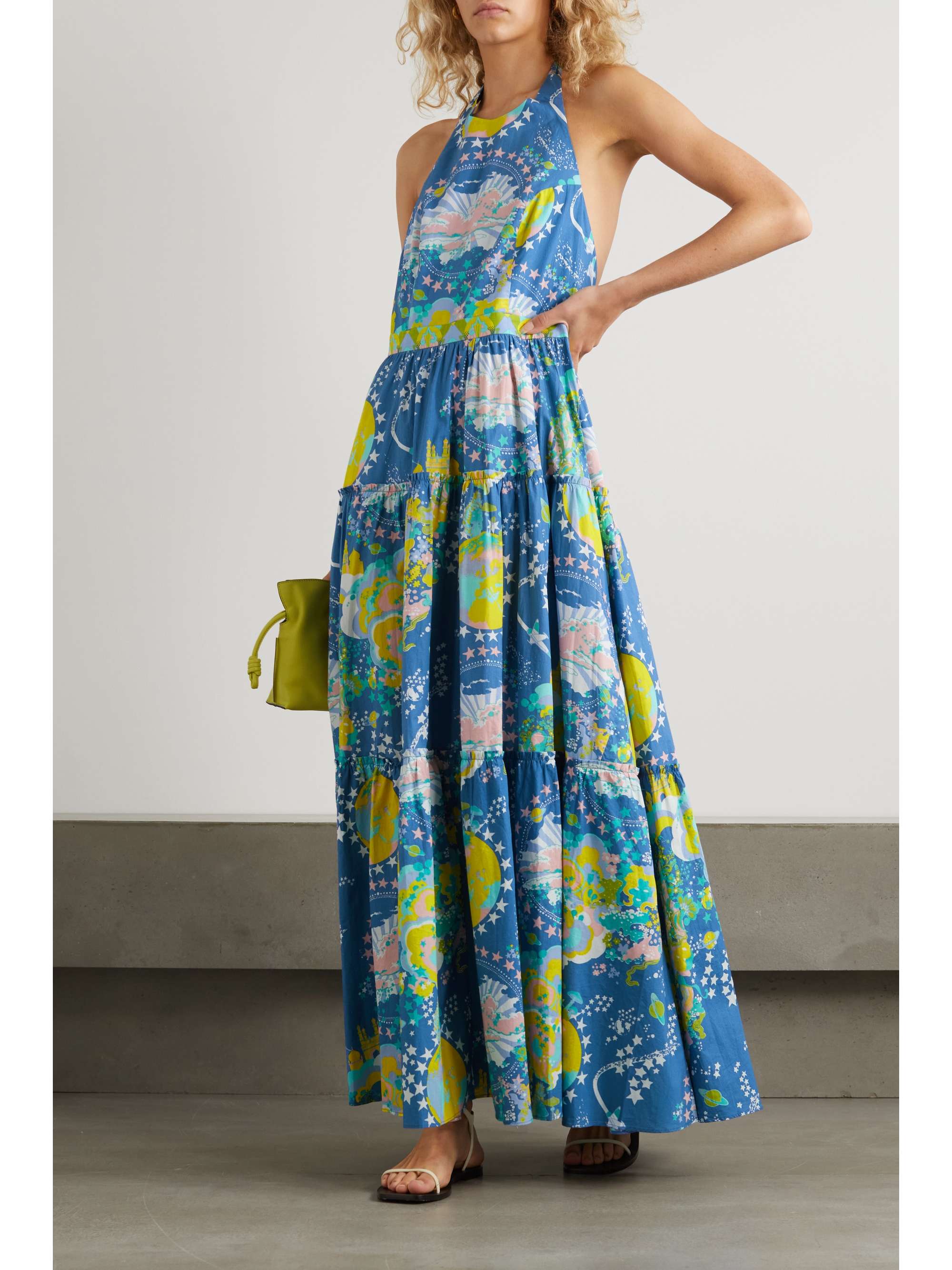 Blue Isotta tiered printed cotton-poplin halterneck maxi dress ...