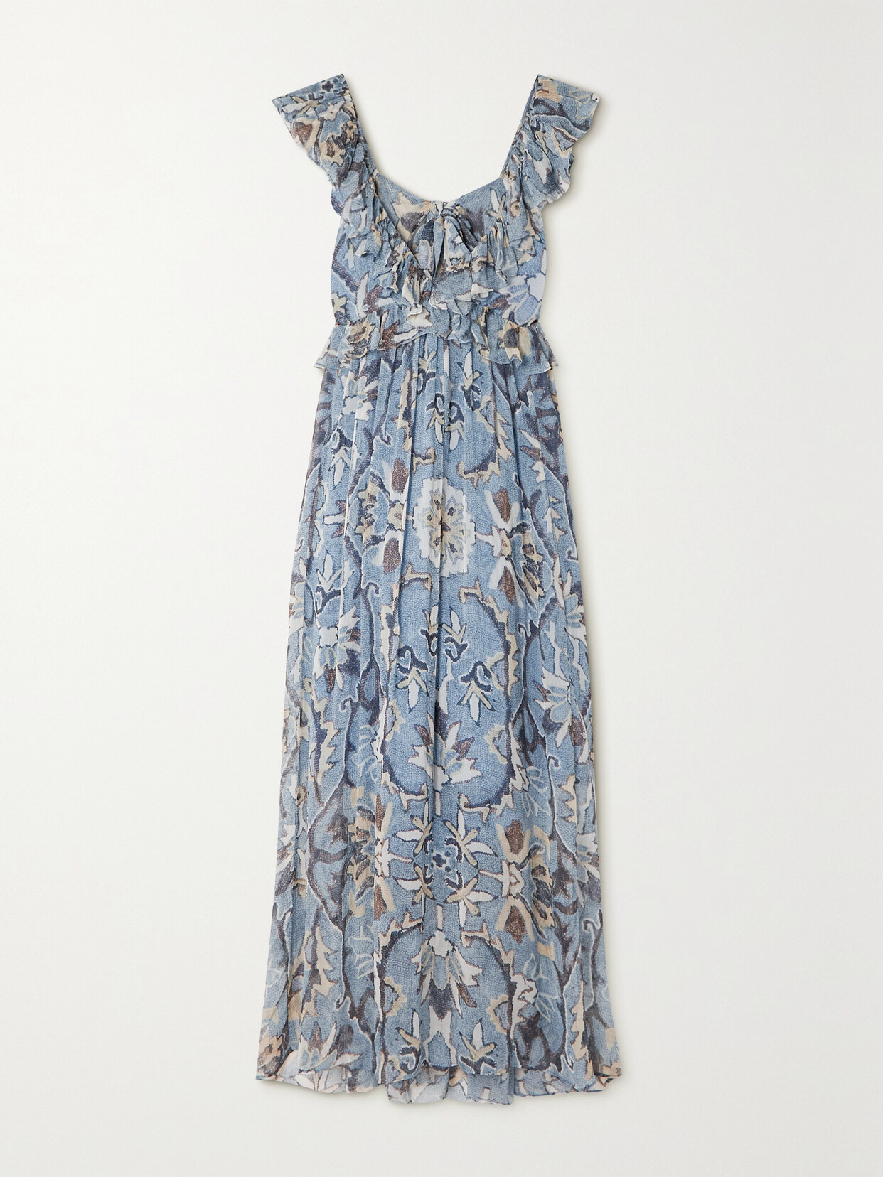Hannah Artwear Dara Open-back Ruffled Floral-printed Chiffon Midi Dress In Blue