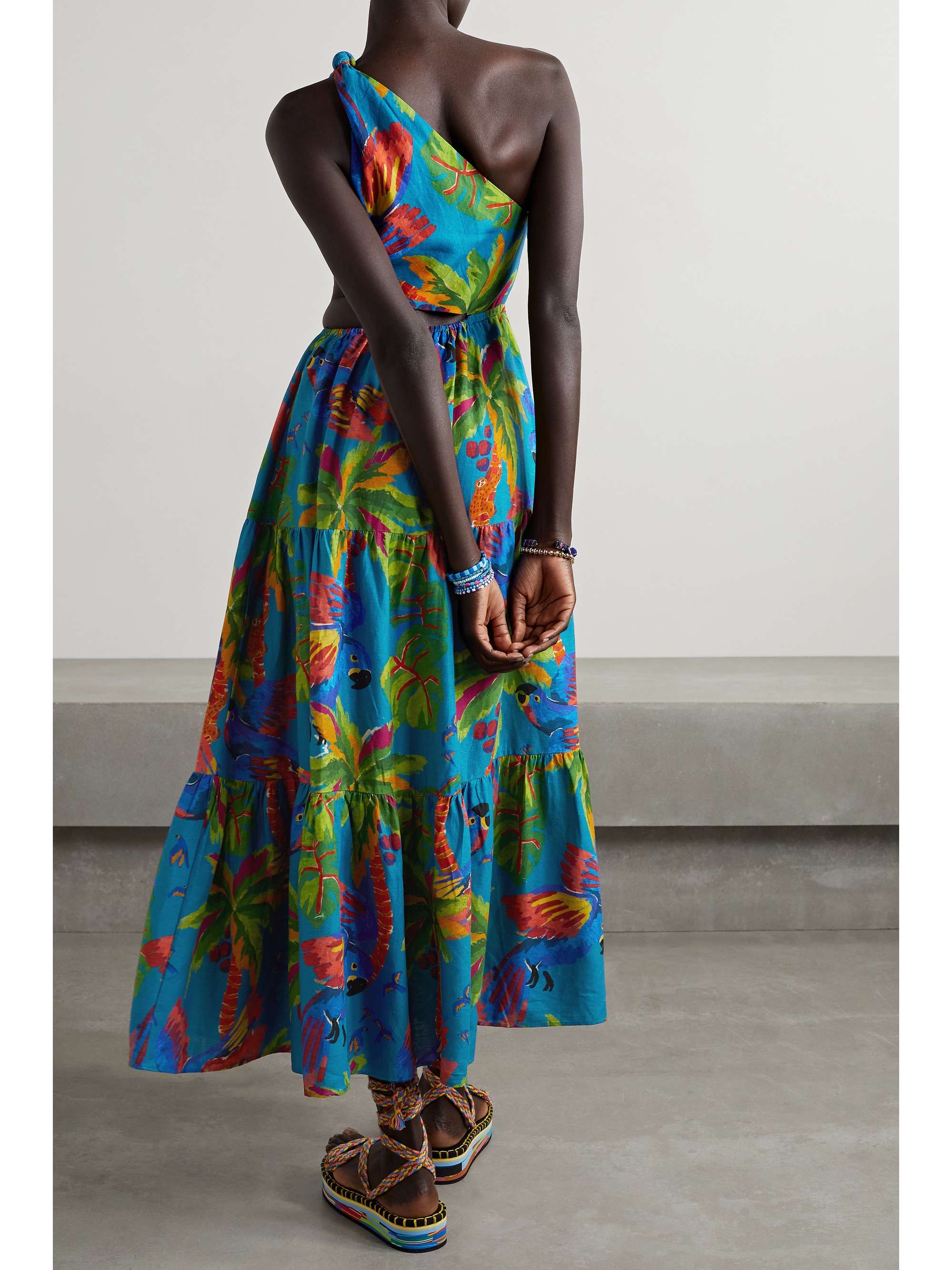 FARM RIO Sunny Day one-shoulder cutout printed linen-blend maxi dress