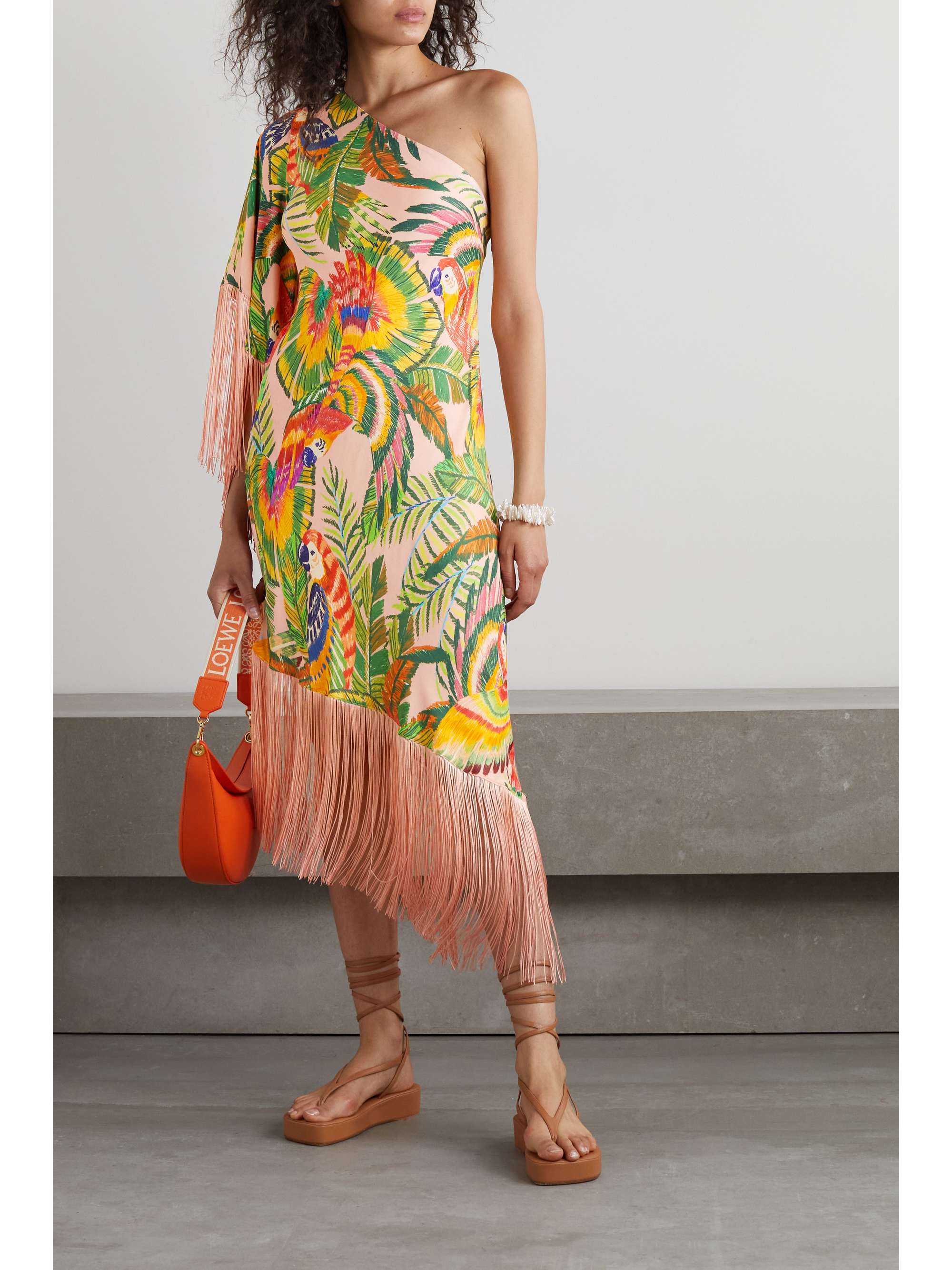 fringed printed voile midi dress 