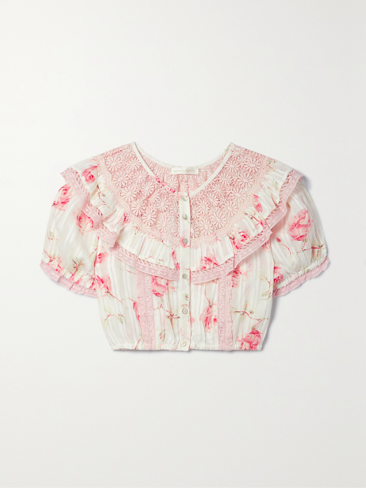 Shop Loveshackfancy Elania Cropped Lace- And Crochet-trimmed Floral-print Cotton-voile Top In Pink