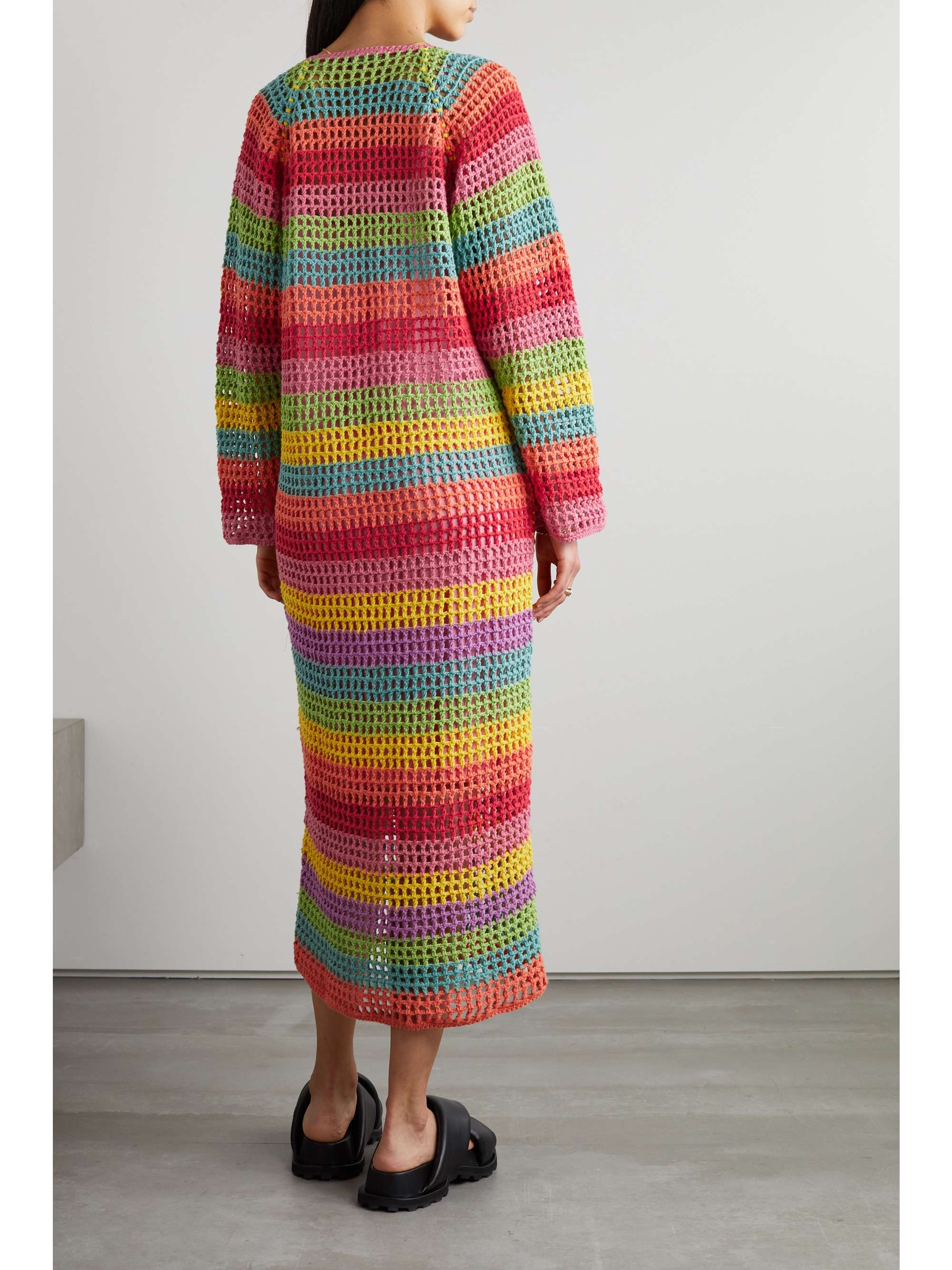 FARM RIO Striped crocheted cotton maxi dress