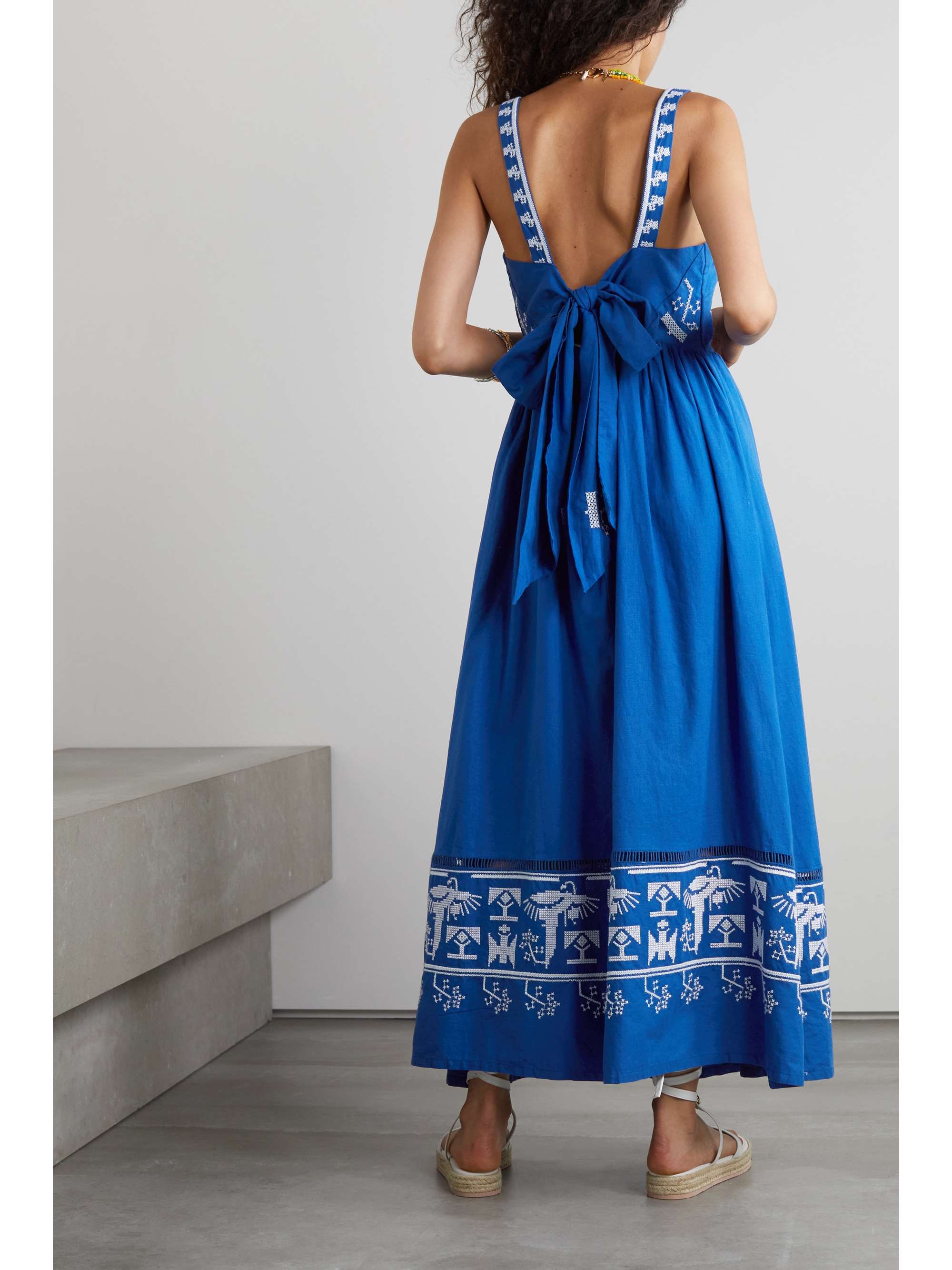 FARM RIO Bow-detailed embroidered linen-blend poplin maxi dress