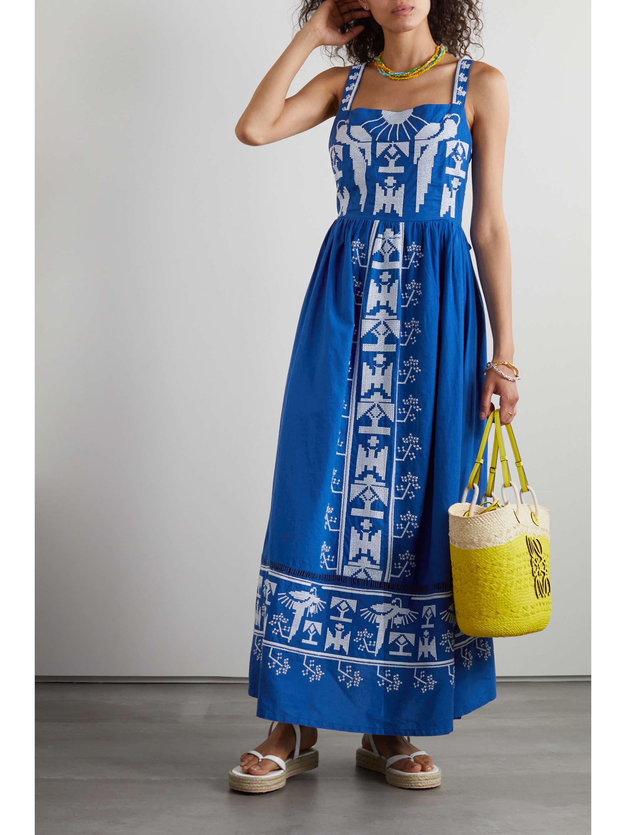 FARM RIO Bow-detailed embroidered linen-blend poplin maxi dress