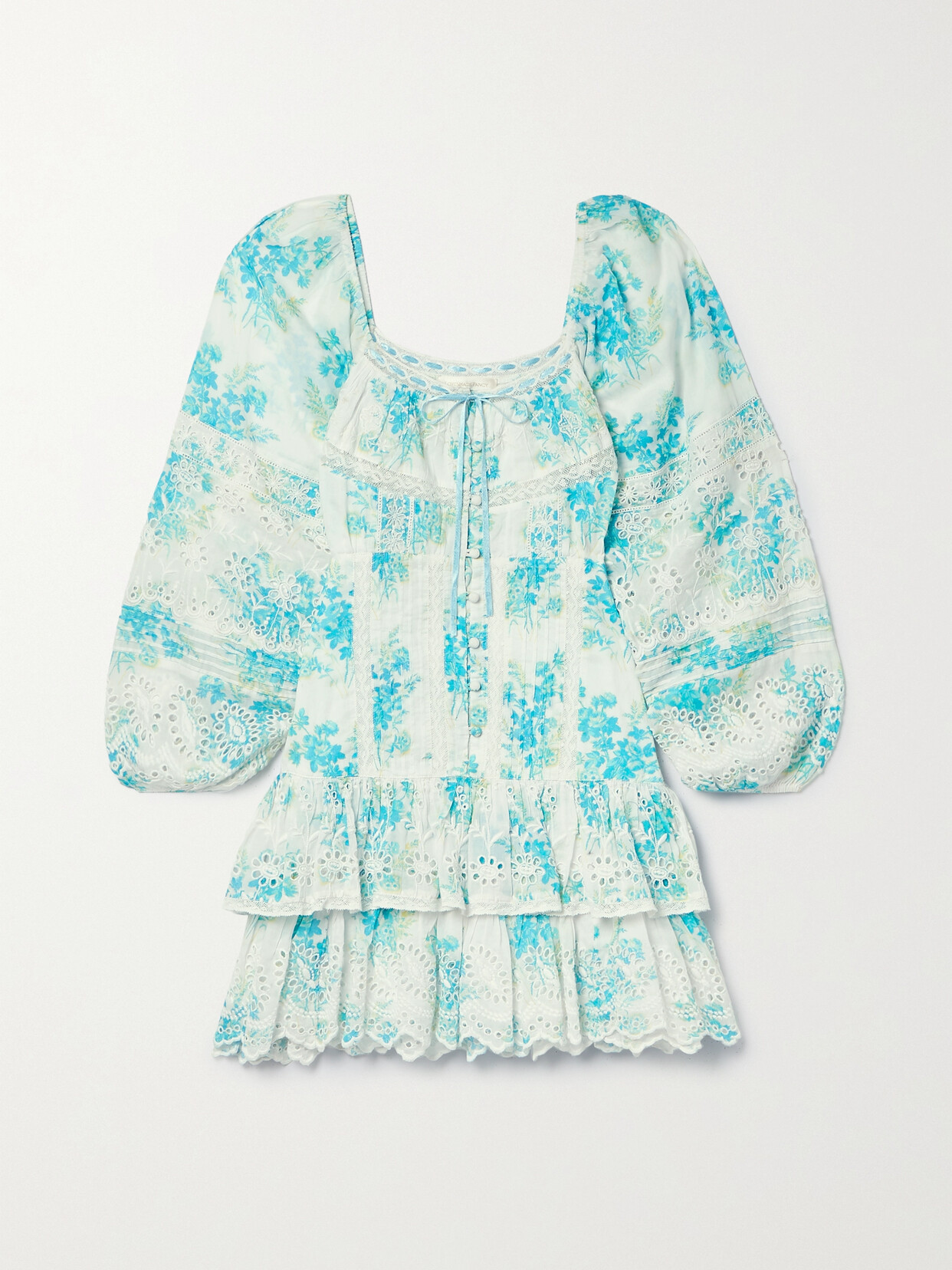 LoveShackFancy Tayton Lace-trimmed Floral-print Broderie Anglaise Cotton Mini Dress - Blue