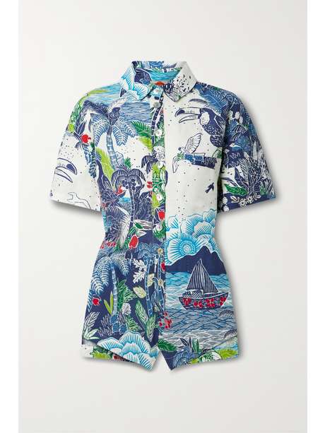 White Printed linen playsuit | FARM RIO | NET-A-PORTER