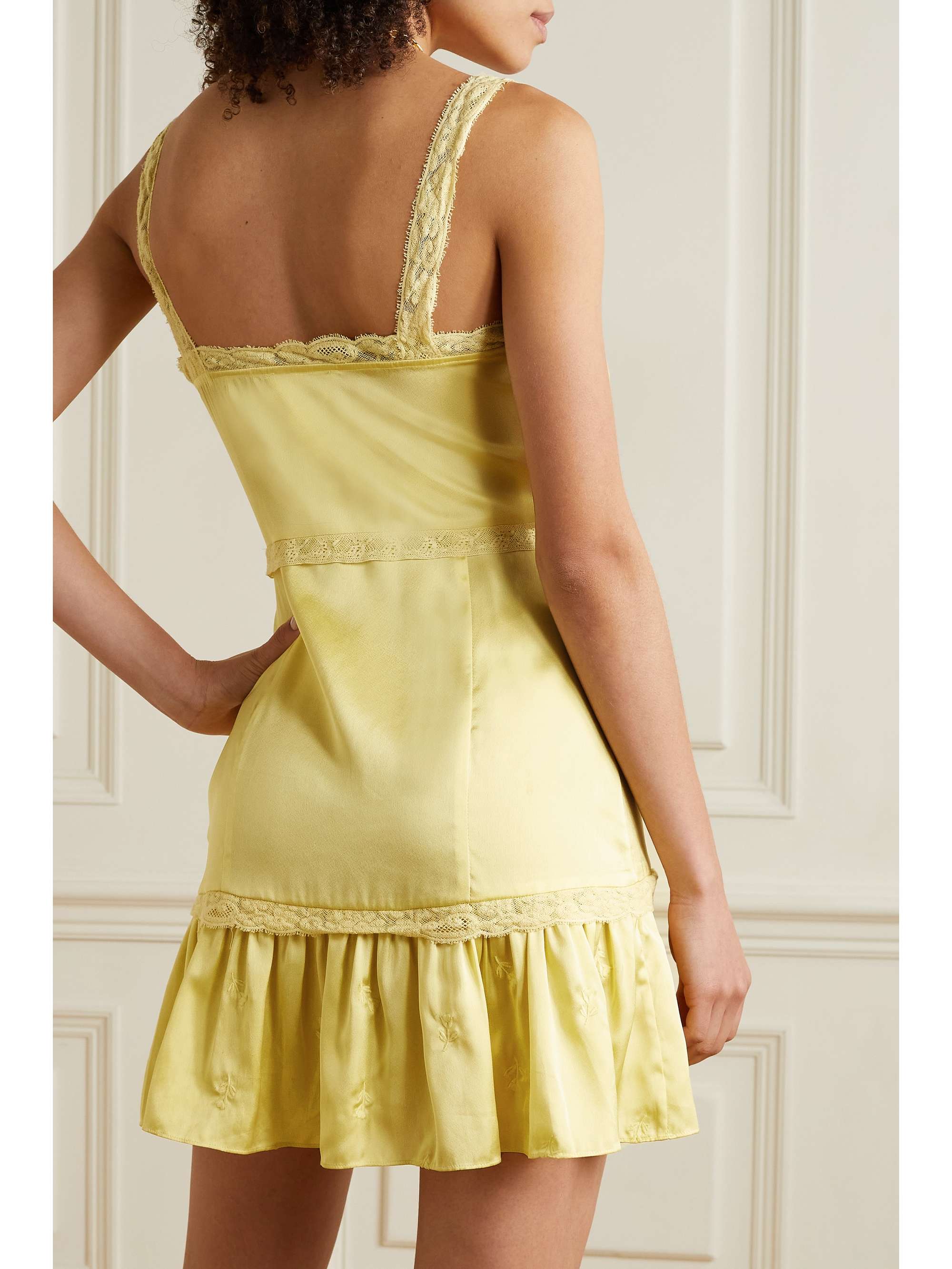 LOVESHACKFANCY Navie lace-trimmed embroidered satin mini dress