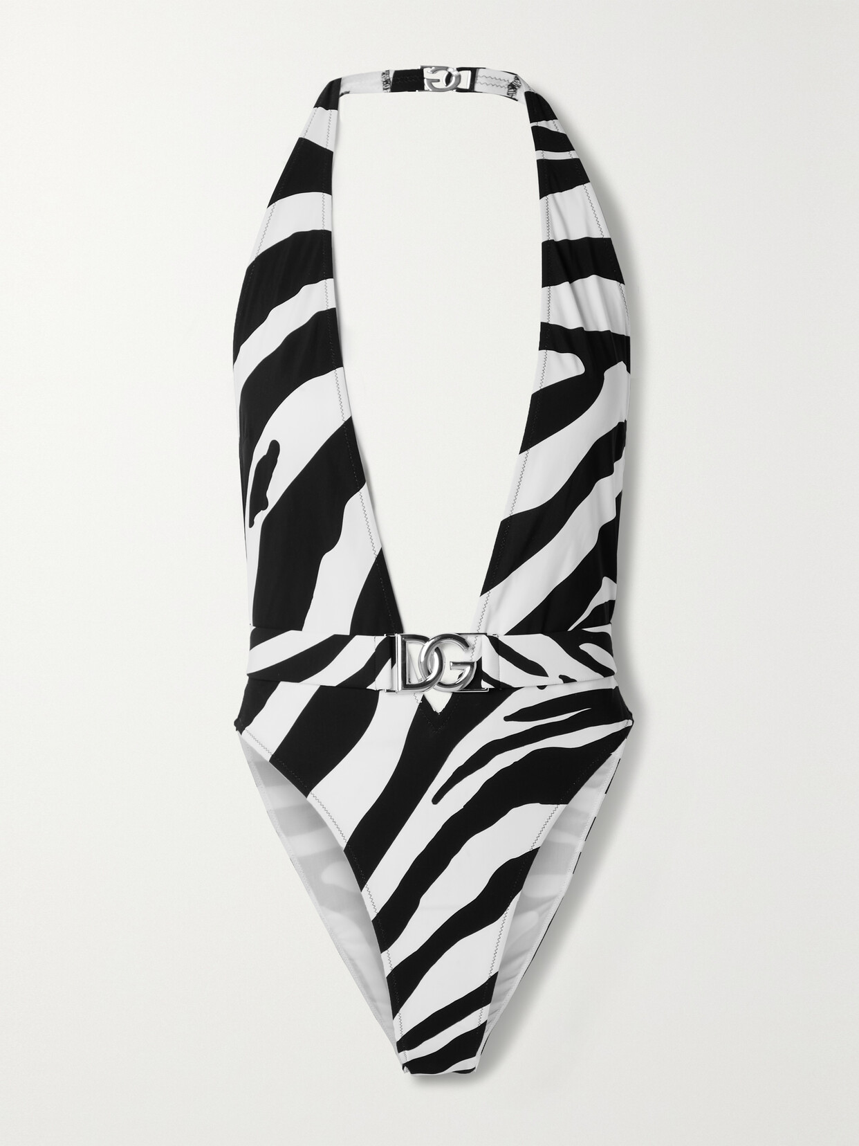 DOLCE & GABBANA BELTED ZEBRA-PRINT HALTERNECK SWIMSUIT