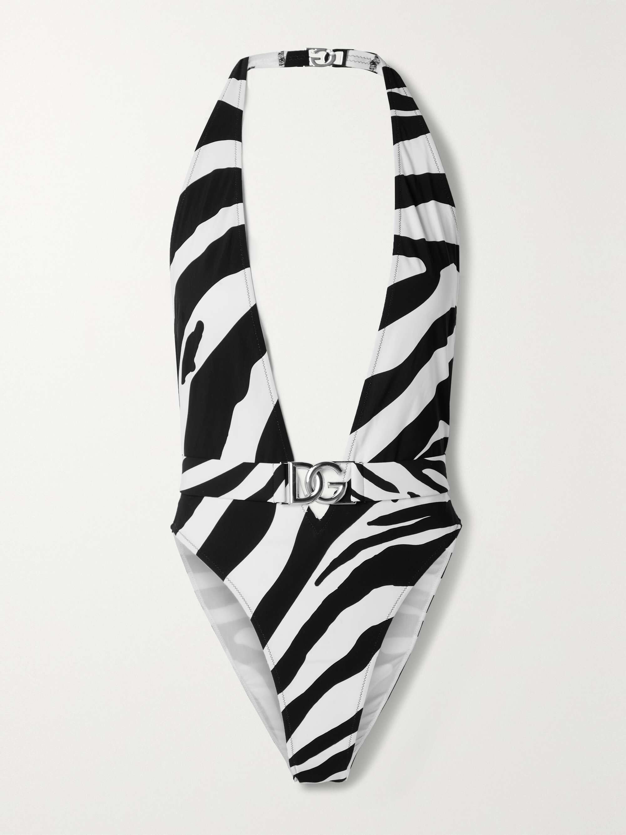 DOLCE & GABBANA Belted zebra-print halterneck swimsuit | NET-A-PORTER