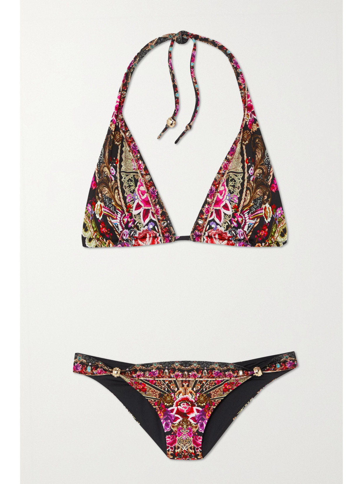 Camilla – Ball Embellished Printed Halterneck Triangle Bikini – Pink