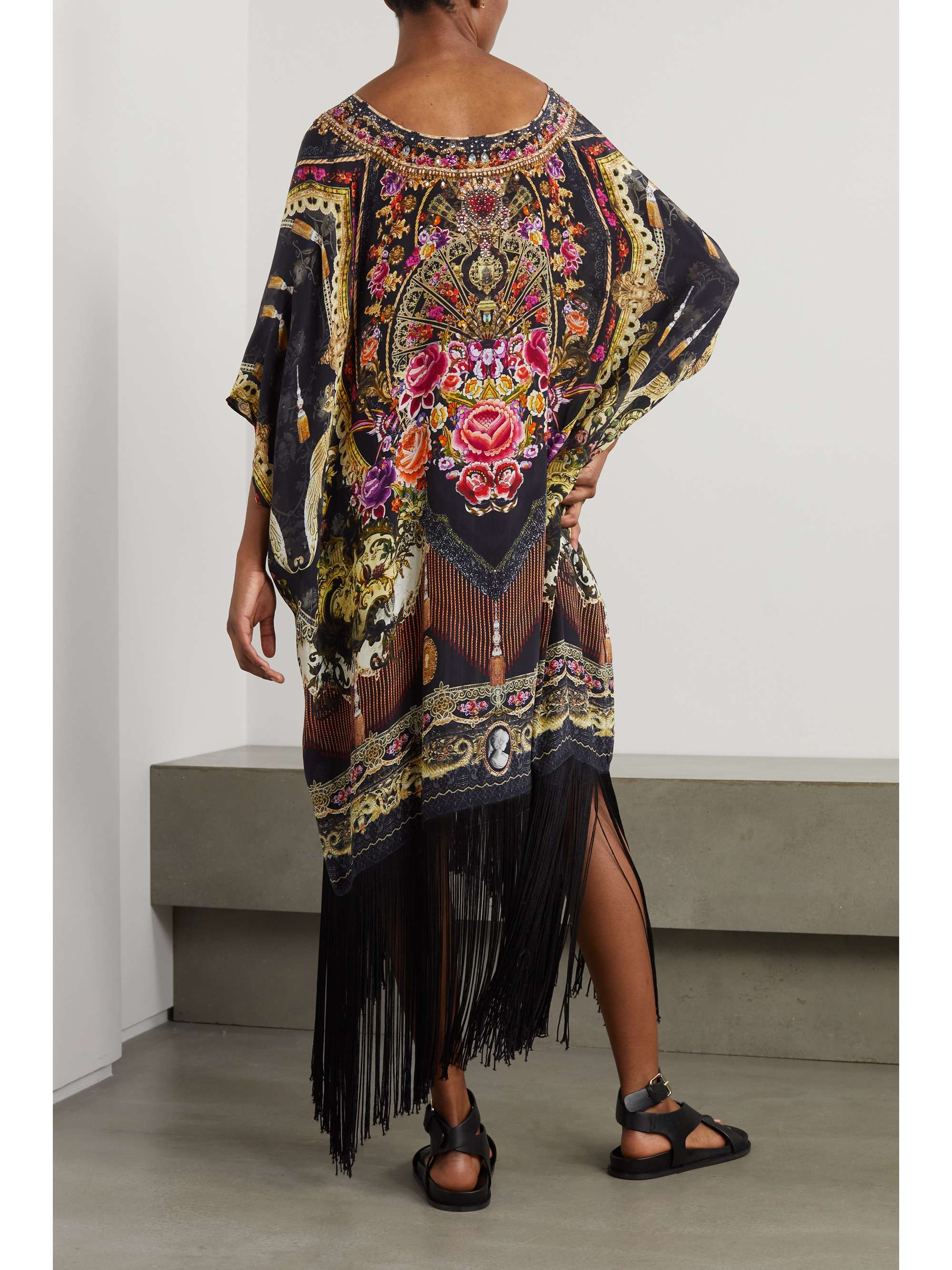 CAMILLA Fringed embellished printed silk crepe de chine kaftan