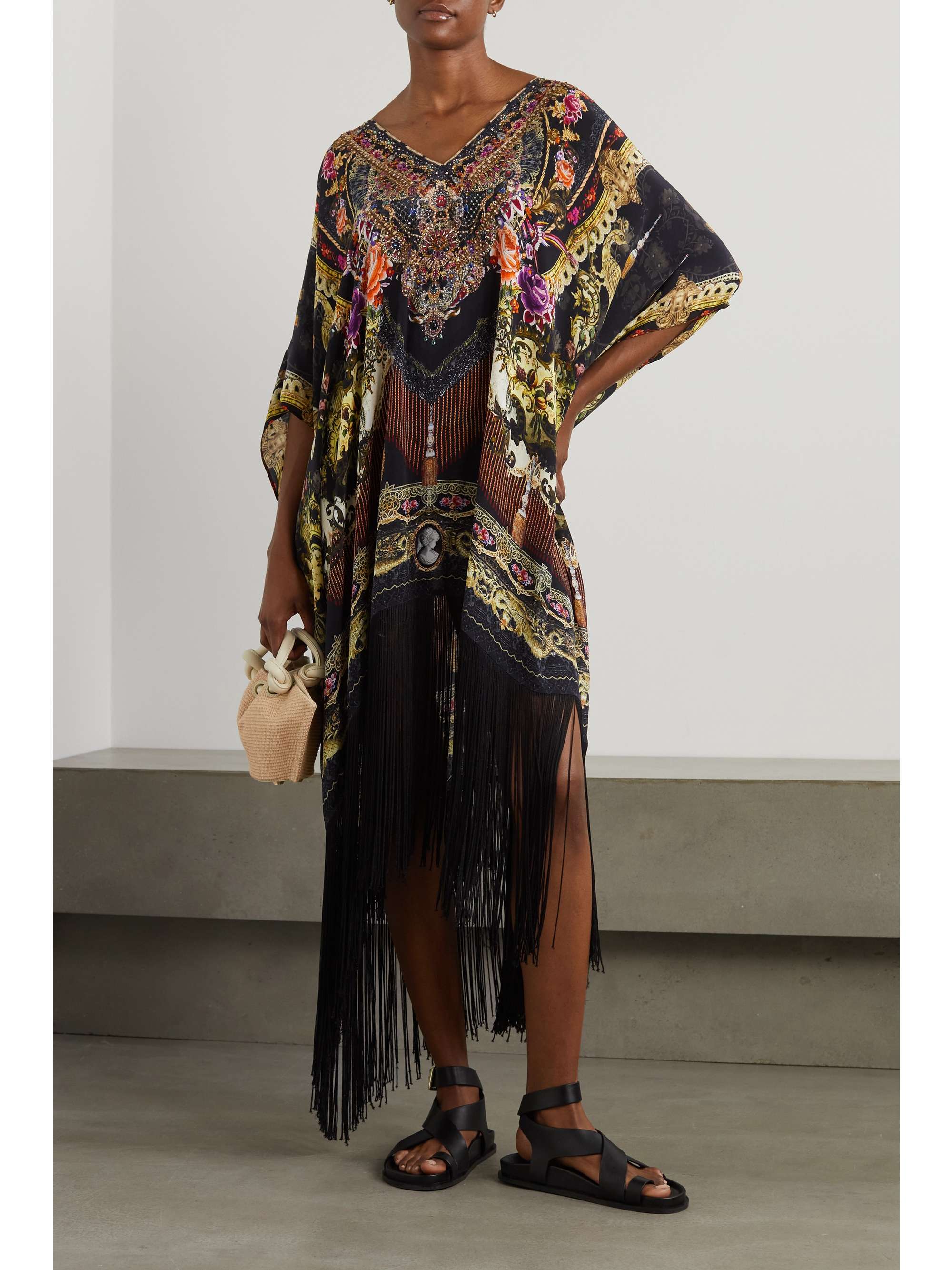 CAMILLA Fringed embellished printed silk crepe de chine kaftan