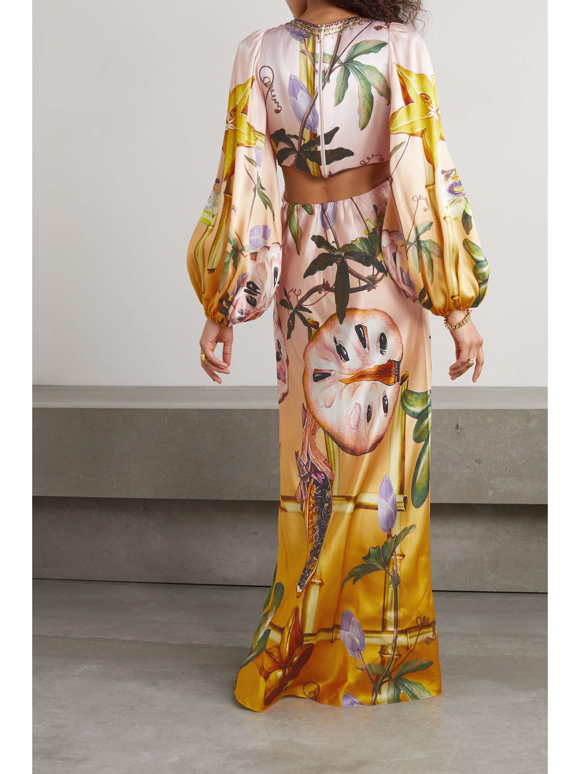 CAMILLA Crystal-embellished gathered floral-print silk-satin maxi dress