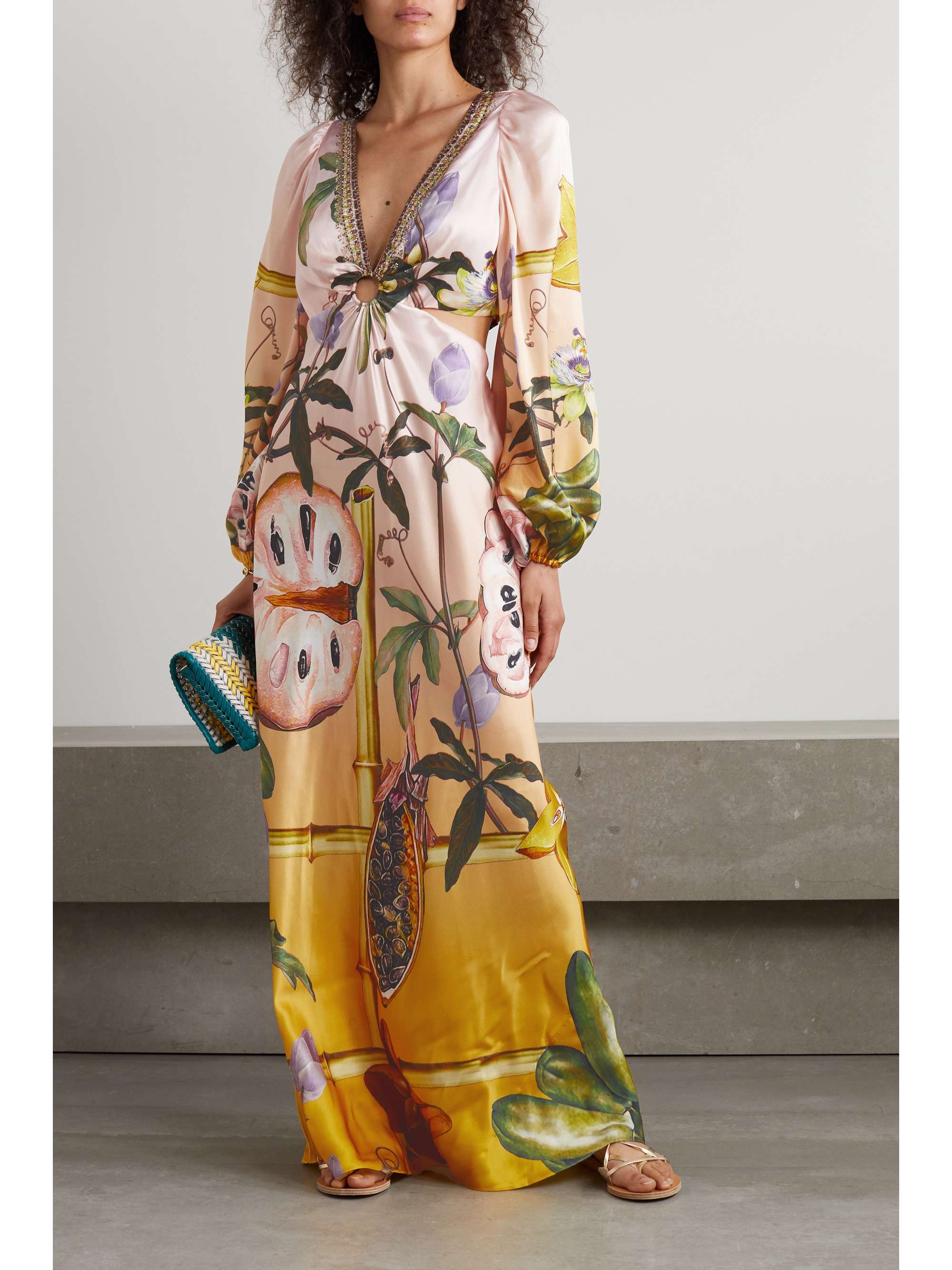 CAMILLA Crystal-embellished gathered floral-print silk-satin maxi dress
