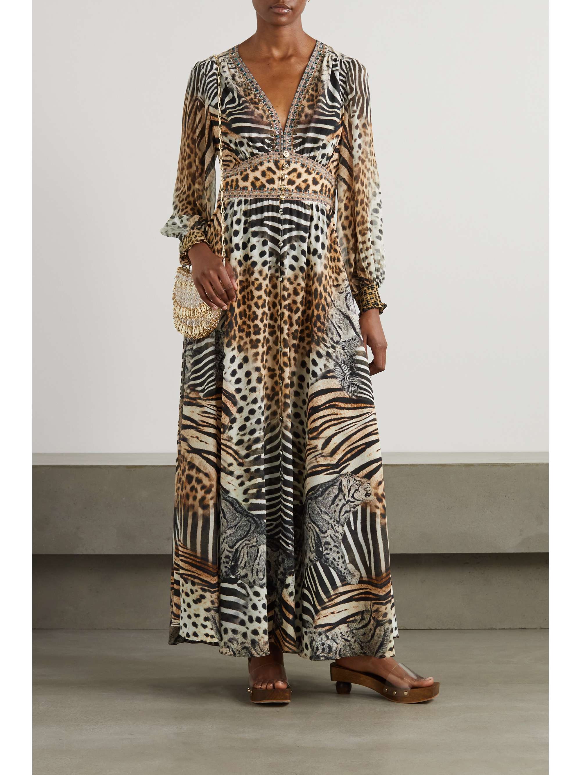 Embellished animal-print silk crepe 