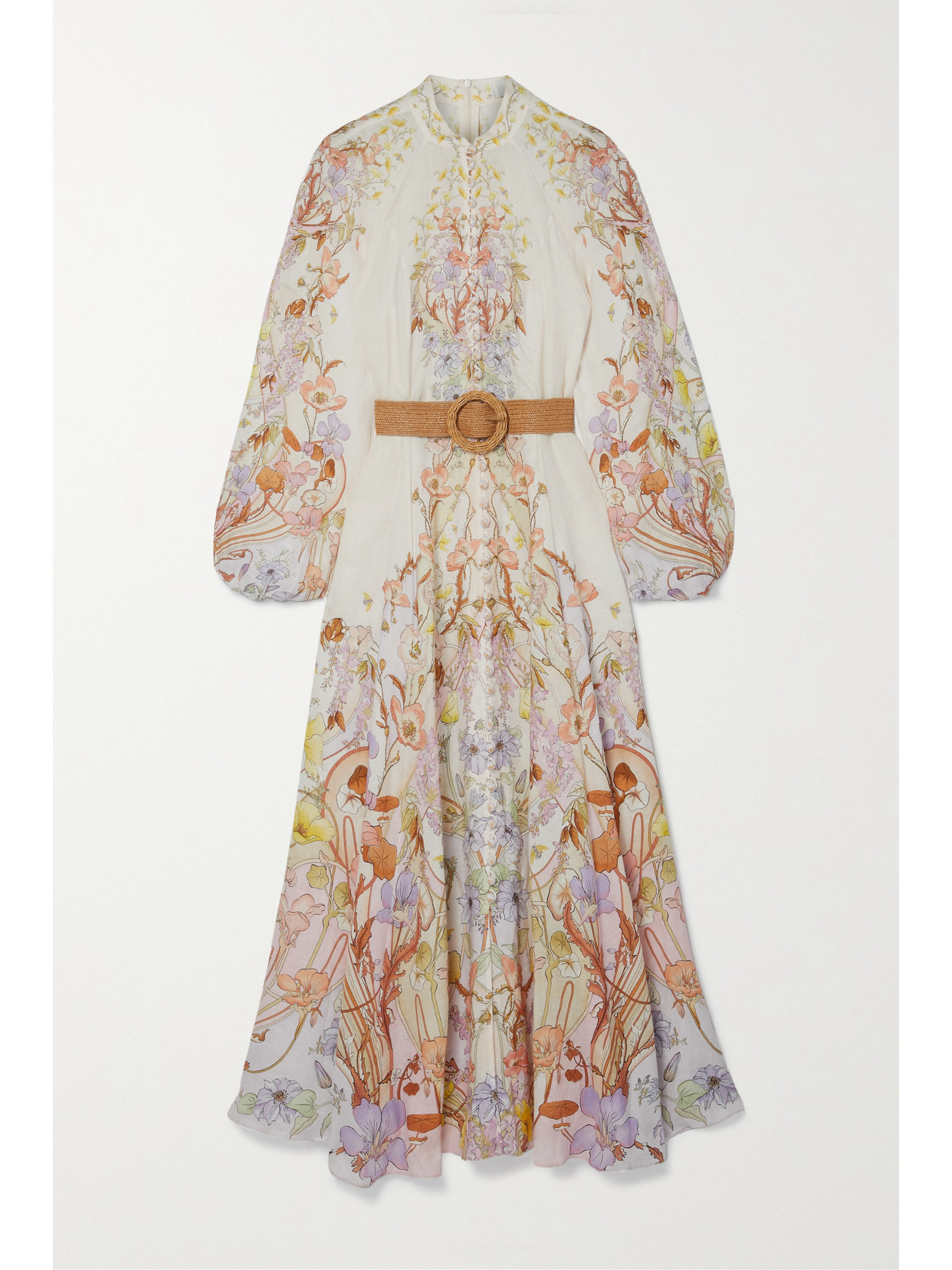 ZIMMERMANN JEANNIE BELTED FLORAL-PRINT LINEN MAXI DRESS