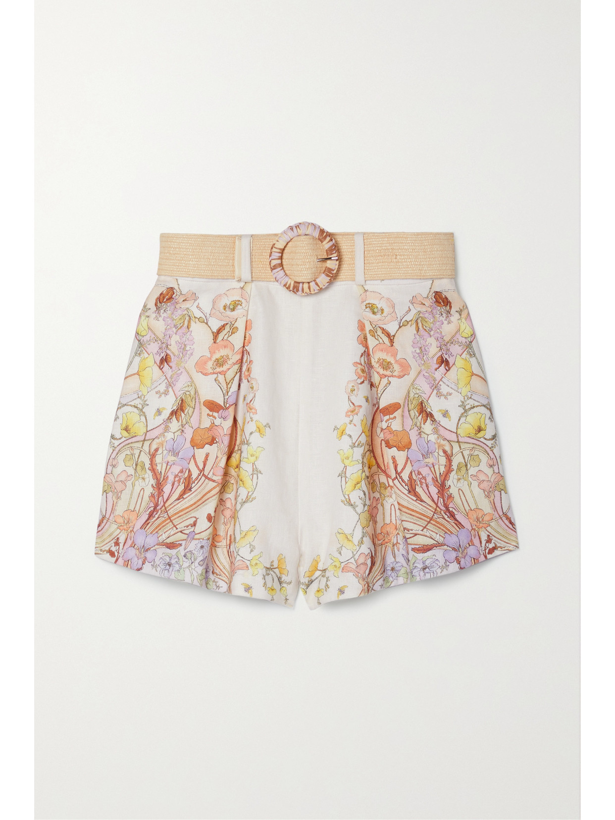 ZIMMERMANN JEANNIE BELTED FLORAL-PRINT LINEN SHORTS