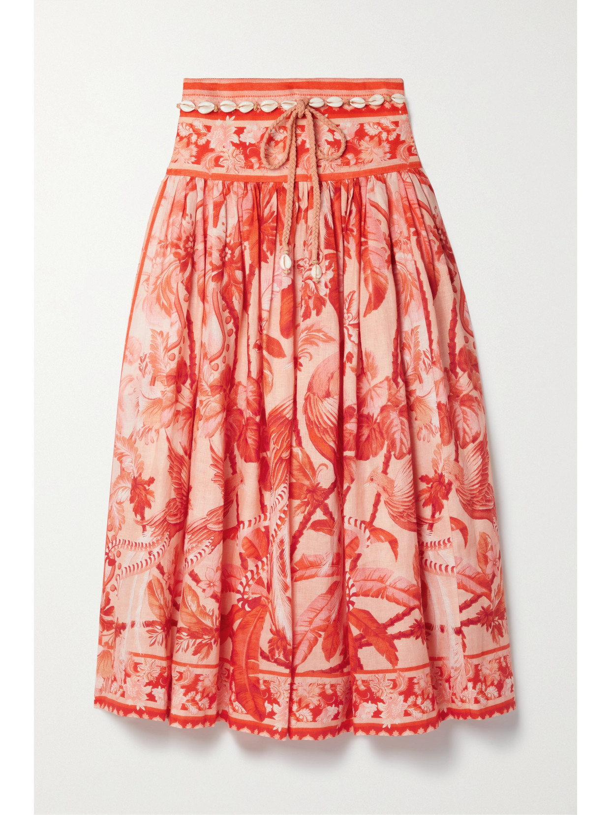 ZIMMERMANN LYRE BELTED SHELL-EMBELLISHED PRINTED LINEN MIDI SKIRT