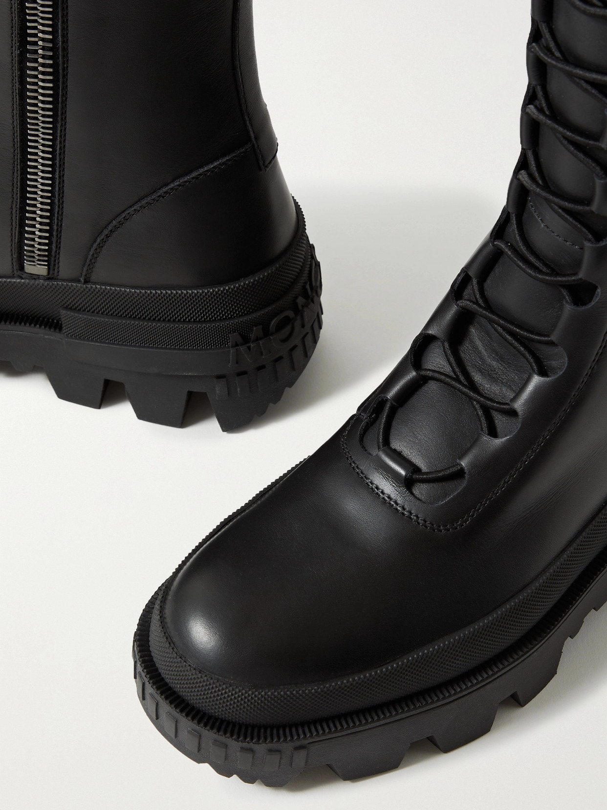 Shop Moncler Vail Leather Lace-up Knee Boots In Black