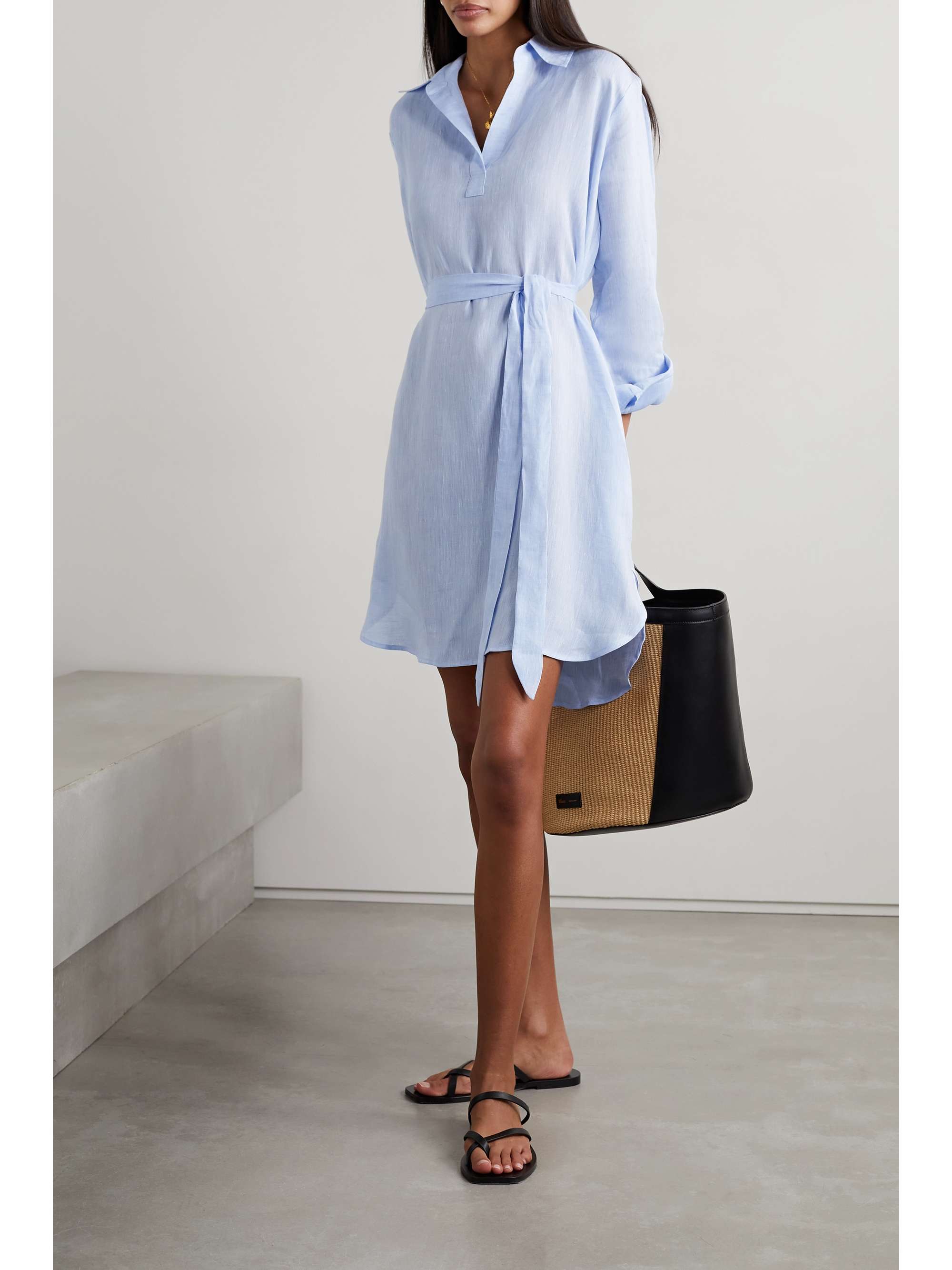 Sky blue Belted linen mini shirt dress 