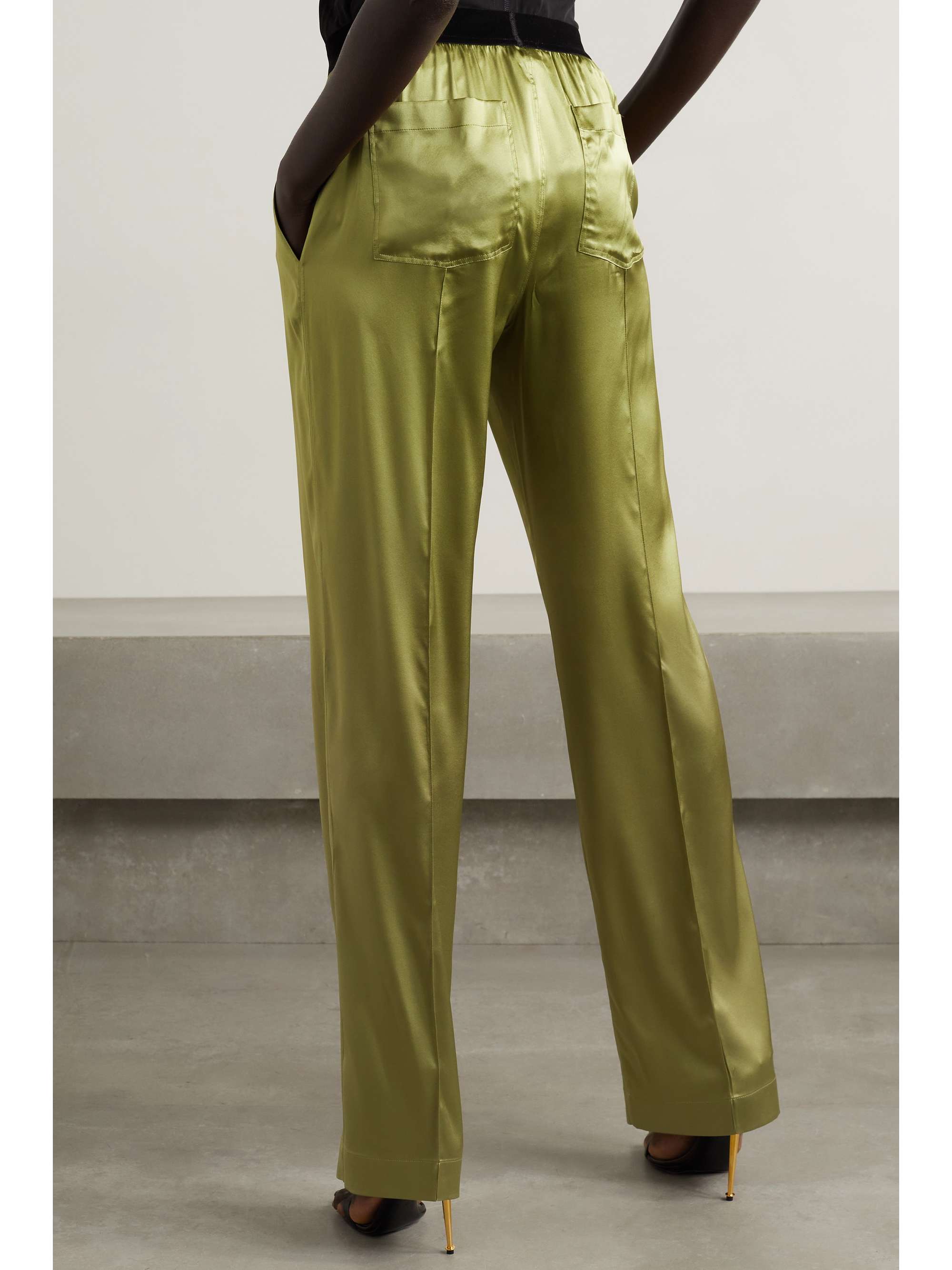 TOM FORD Velvet-trimmed stretch-silk satin pants