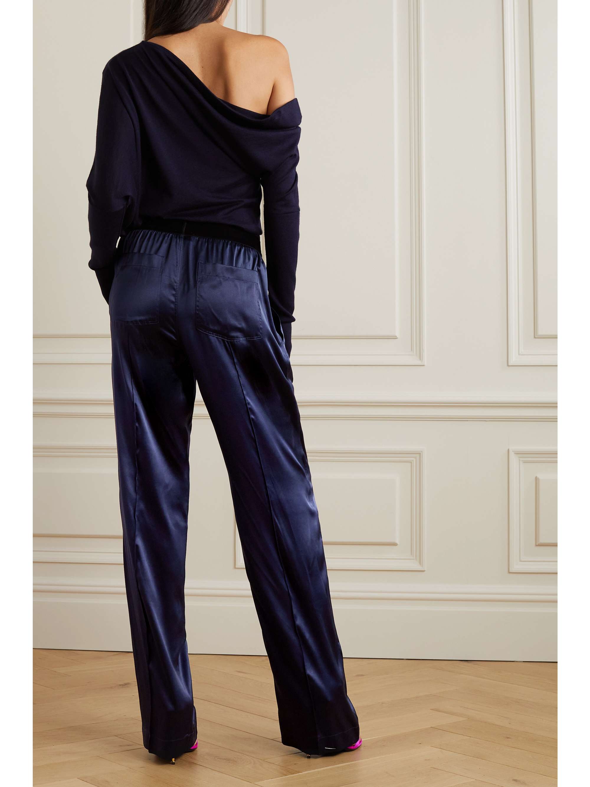 TOM FORD Velvet-trimmed stretch-silk satin pants
