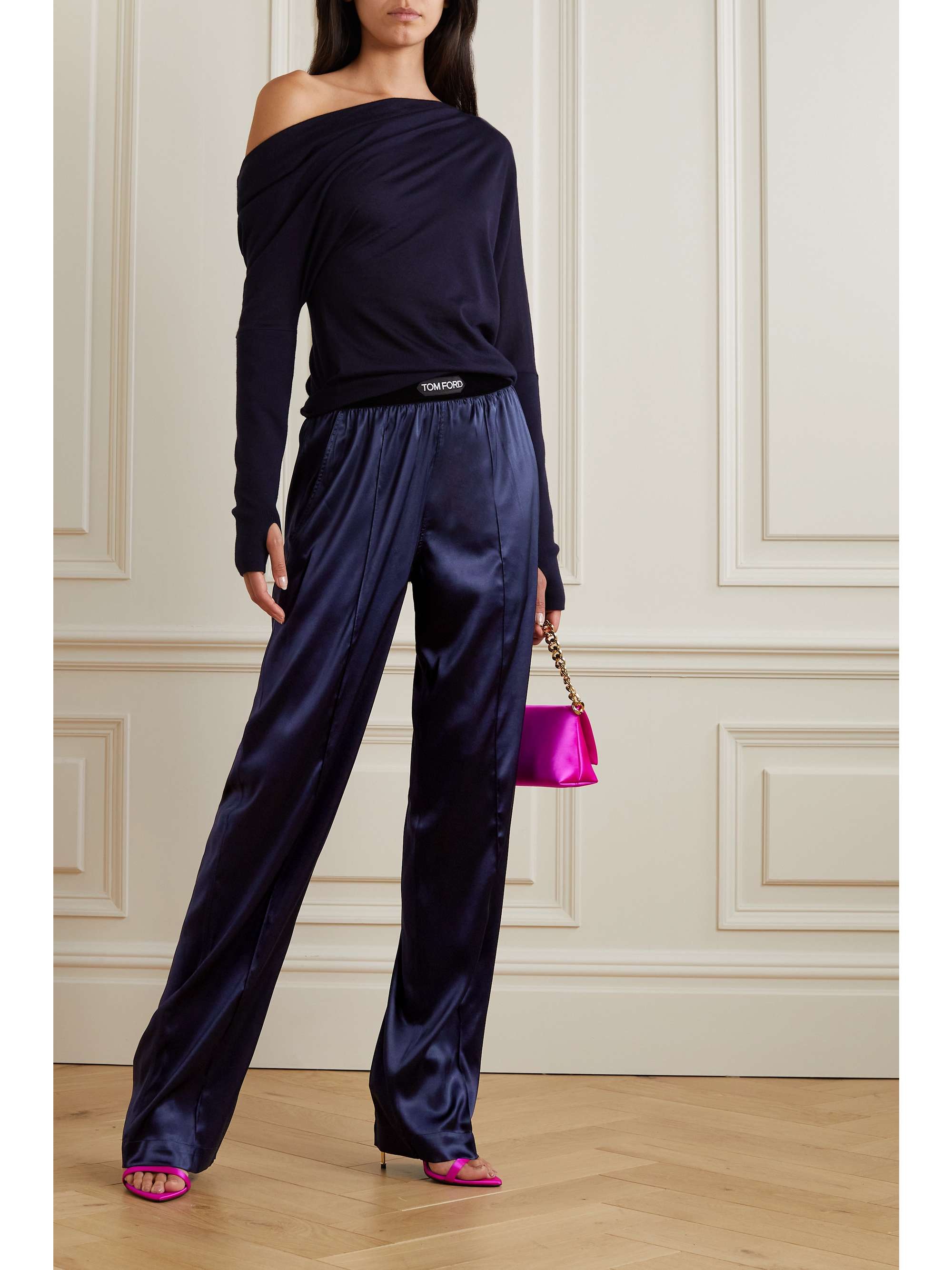 TOM FORD Velvet-trimmed stretch-silk satin pants