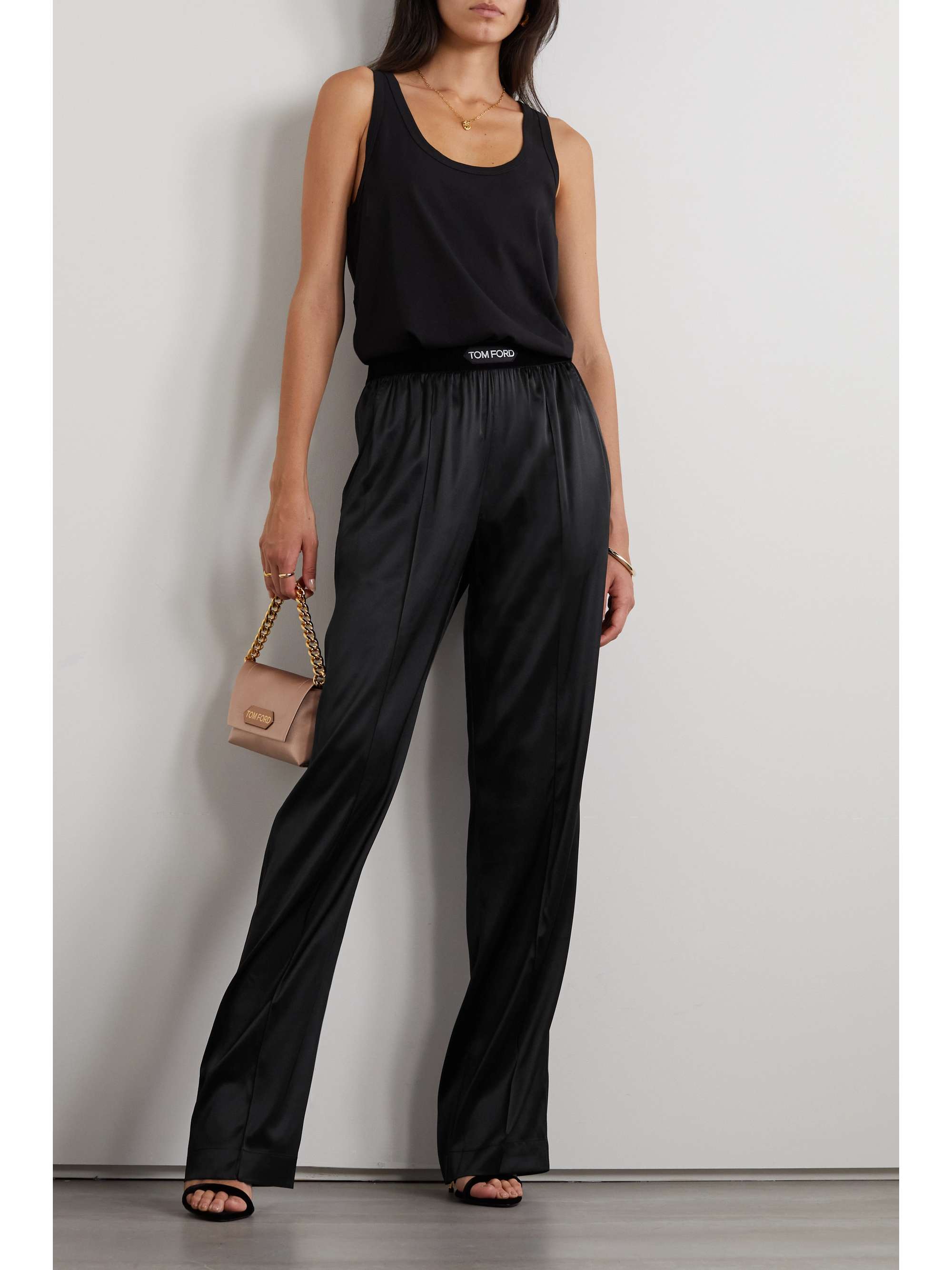 TOM FORD Velvet-trimmed stretch-silk satin pants