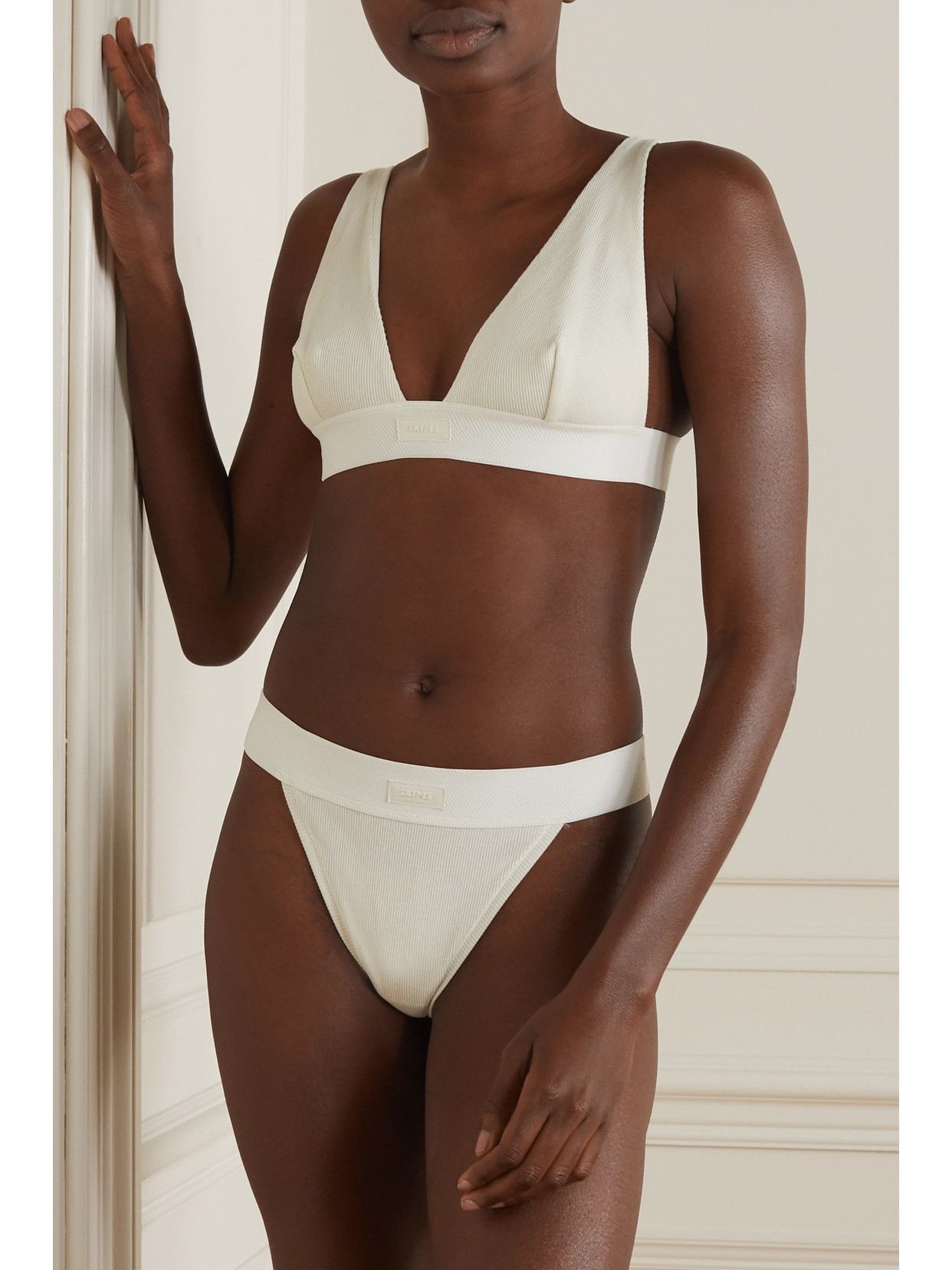 Skims Plunge Ribbed Cotton-blend Jersey Bralette In White