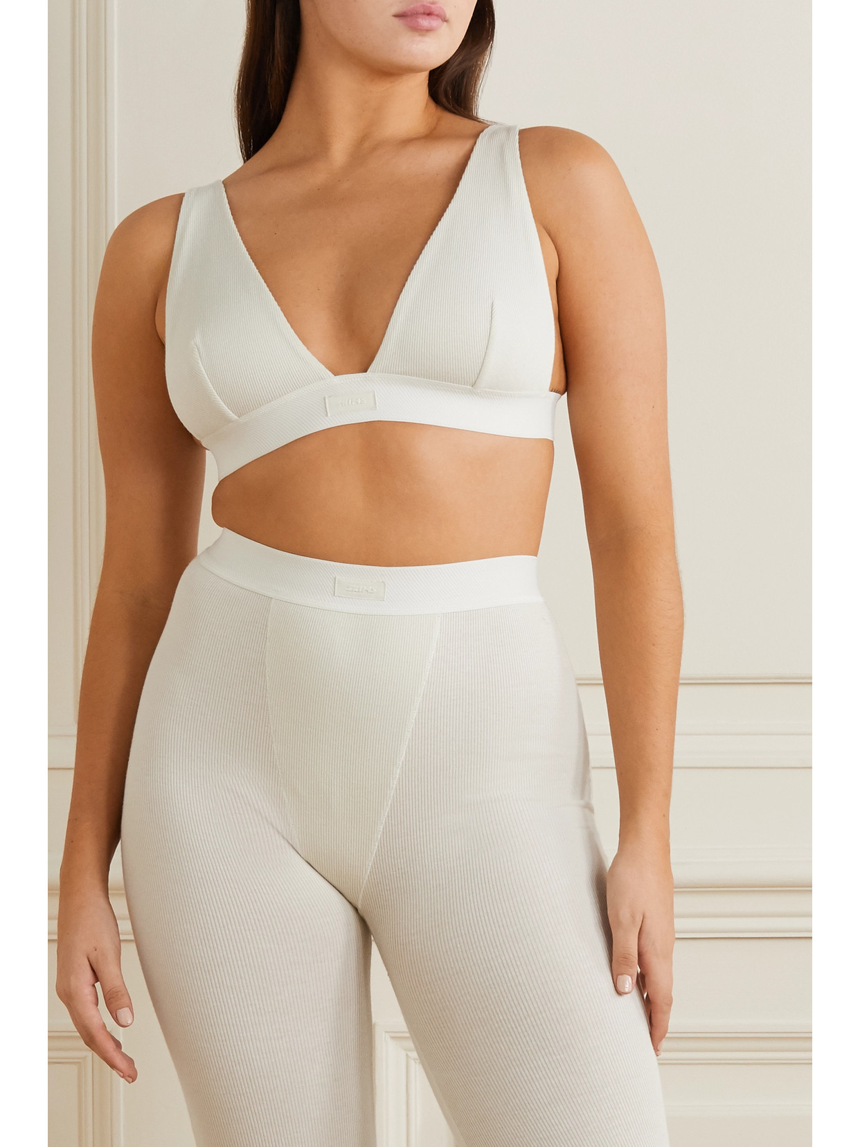 Skims Plunge Ribbed Cotton-blend Jersey Bralette In White