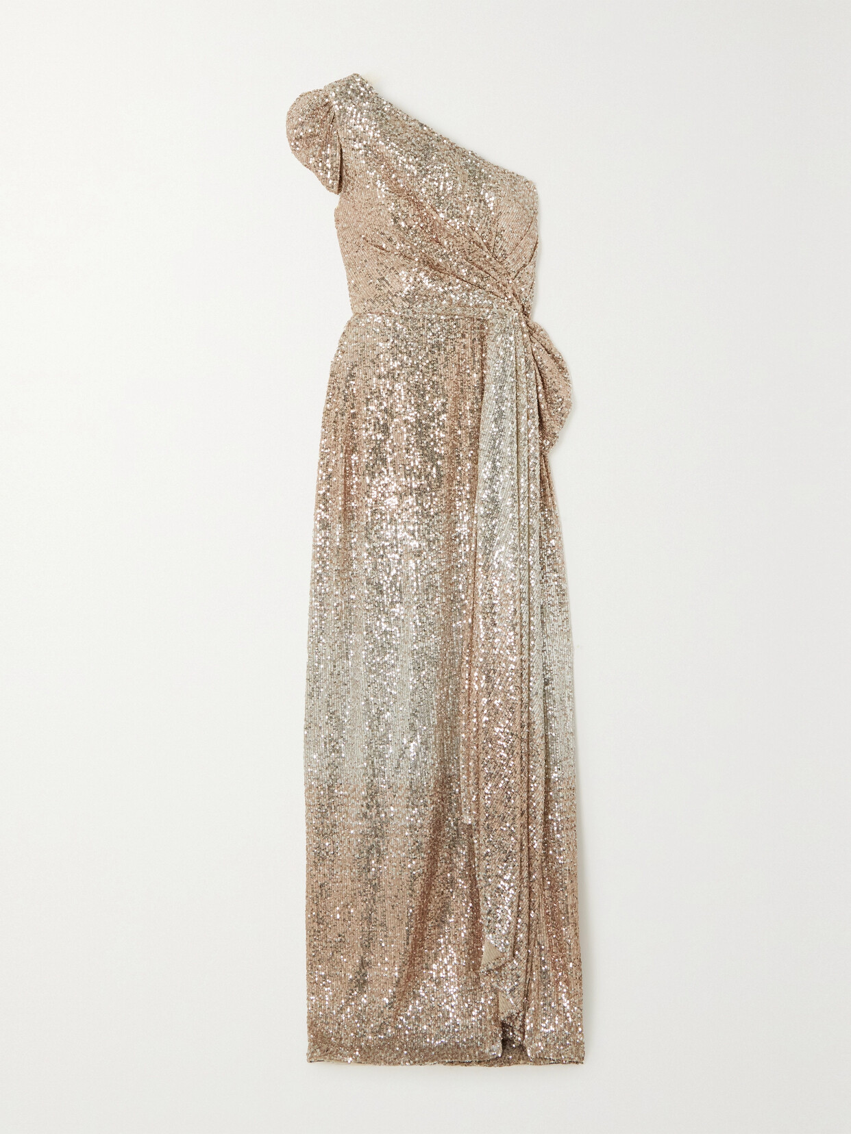 Elie Saab Sequin One Shoulder Gown With Slit In Silver