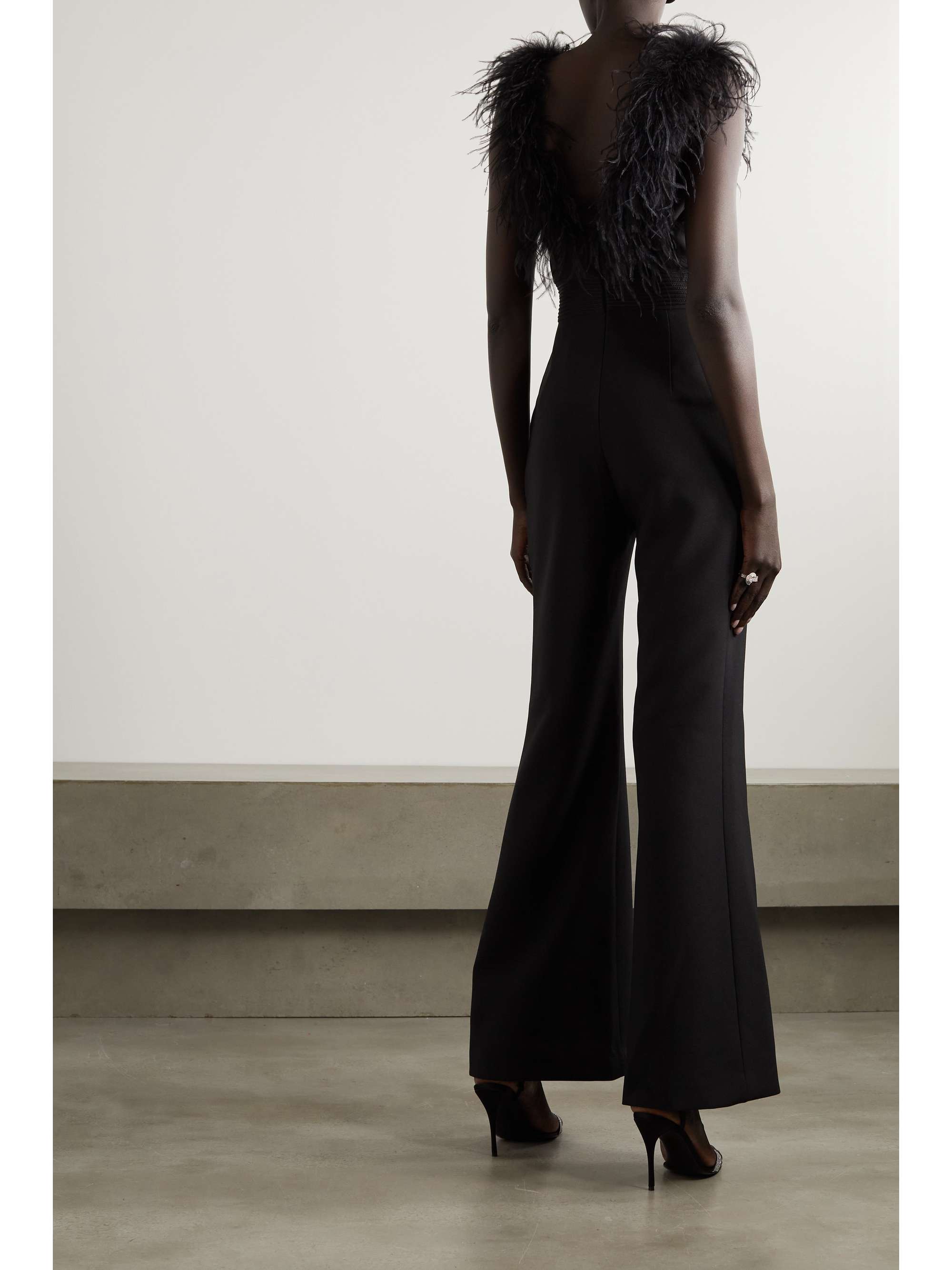 ELIE SAAB Feather-trimmed crepe jumpsuit