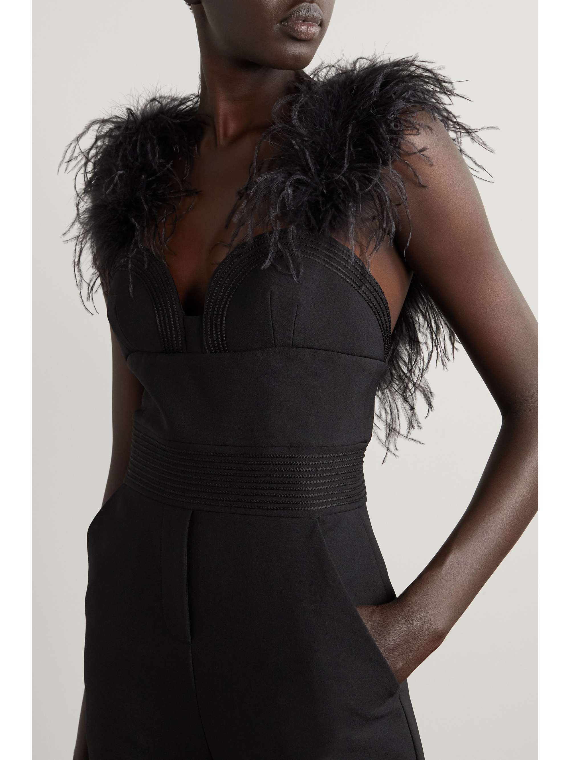 ELIE SAAB Feather-trimmed crepe jumpsuit