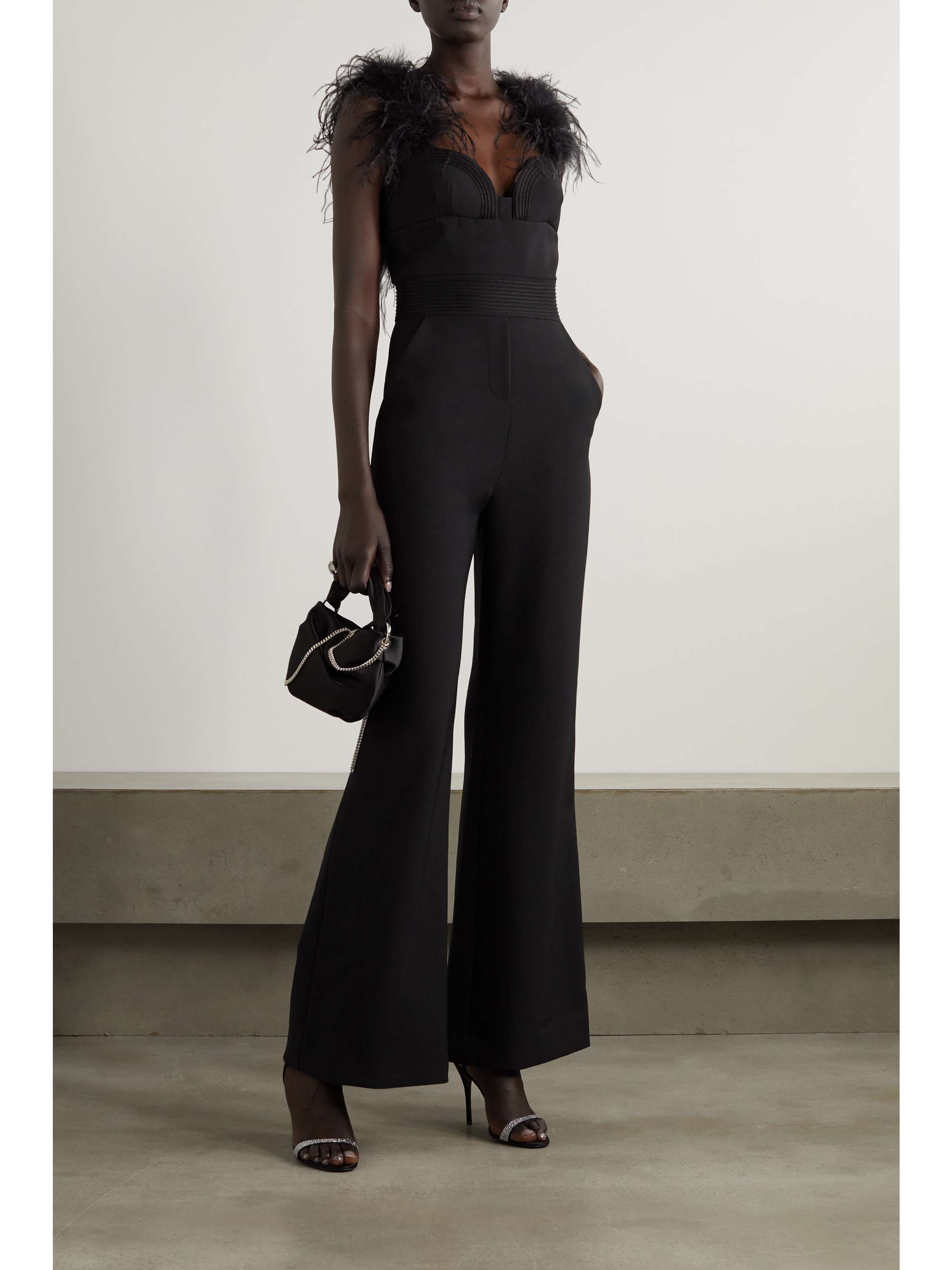 ELIE SAAB Feather-trimmed crepe jumpsuit