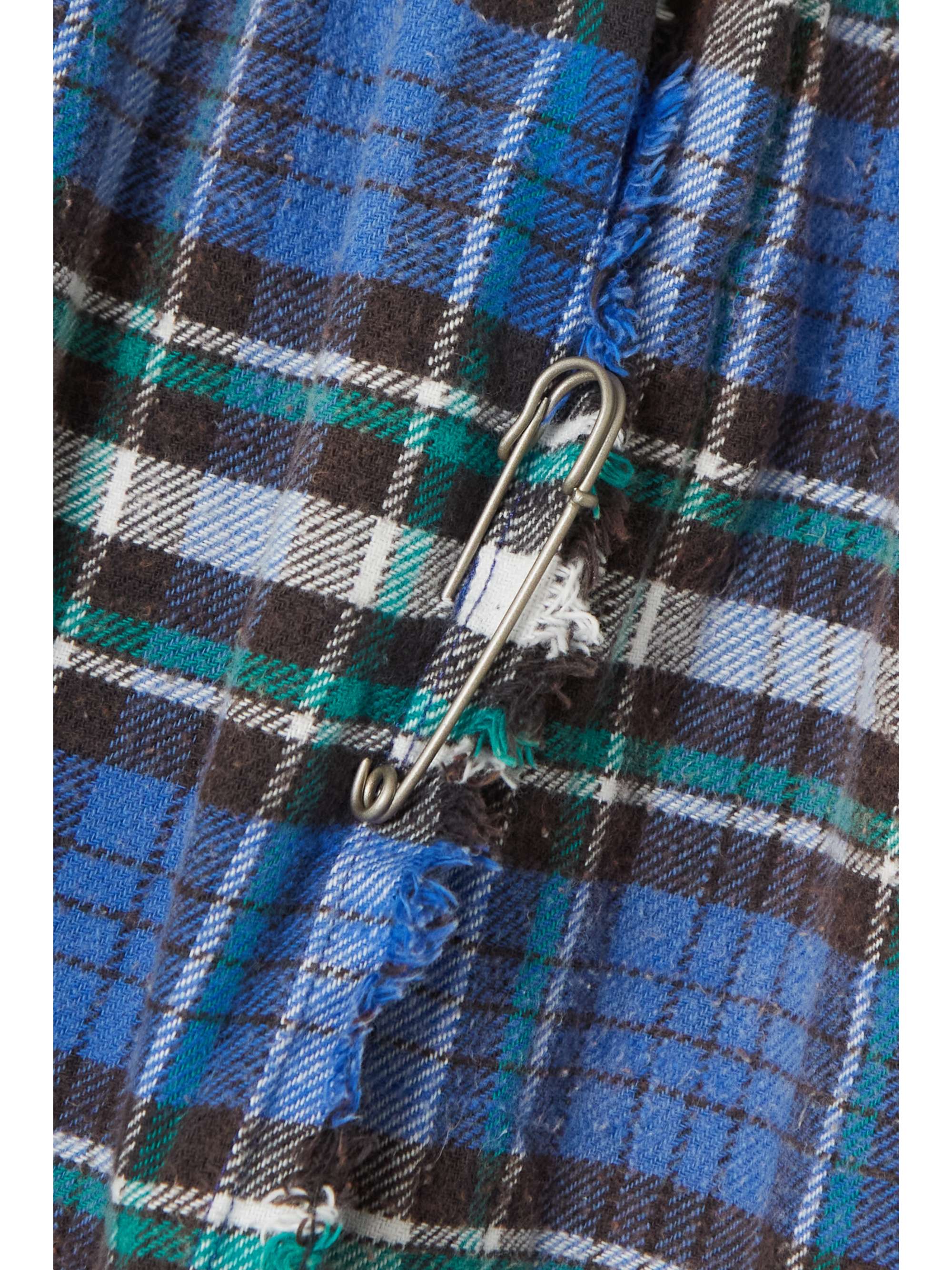 R13 Wrap-effect distressed checked cotton-flannel midi skirt