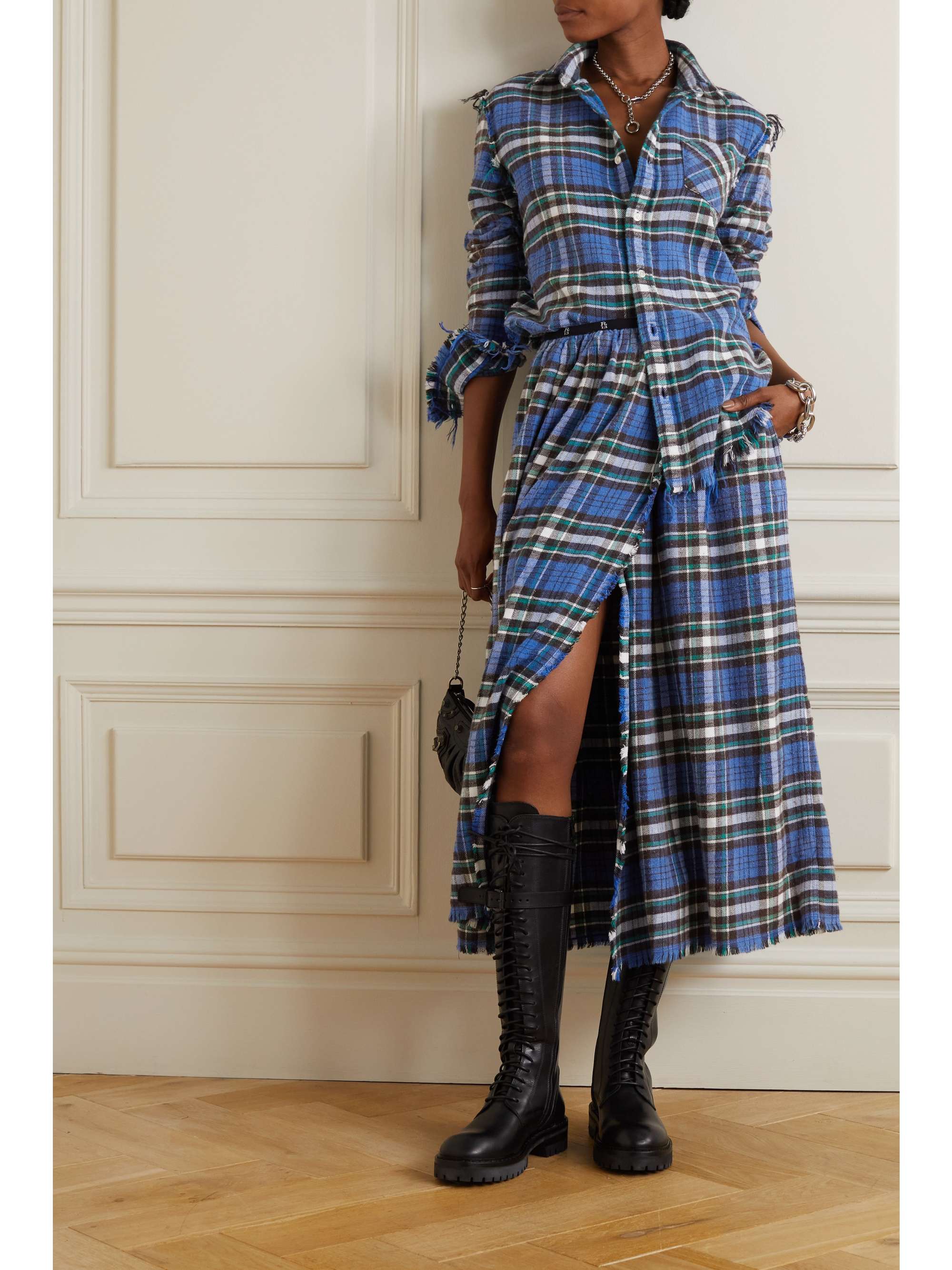 R13 Wrap-effect distressed checked cotton-flannel midi skirt