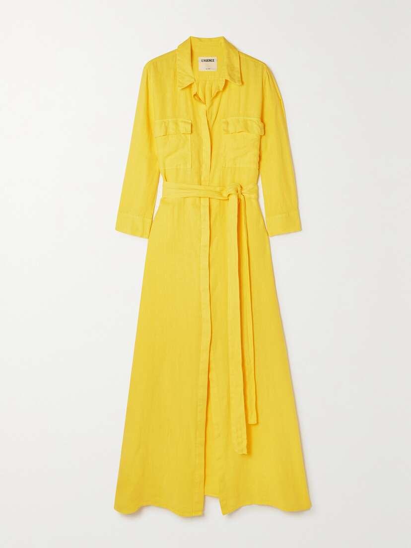 L'Agence Cameron Belted Linen Maxi Shirt Dress - x large