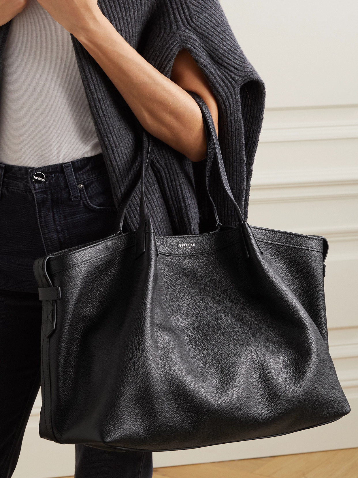 Serapian Secret Large Textured-leather Tote In Black