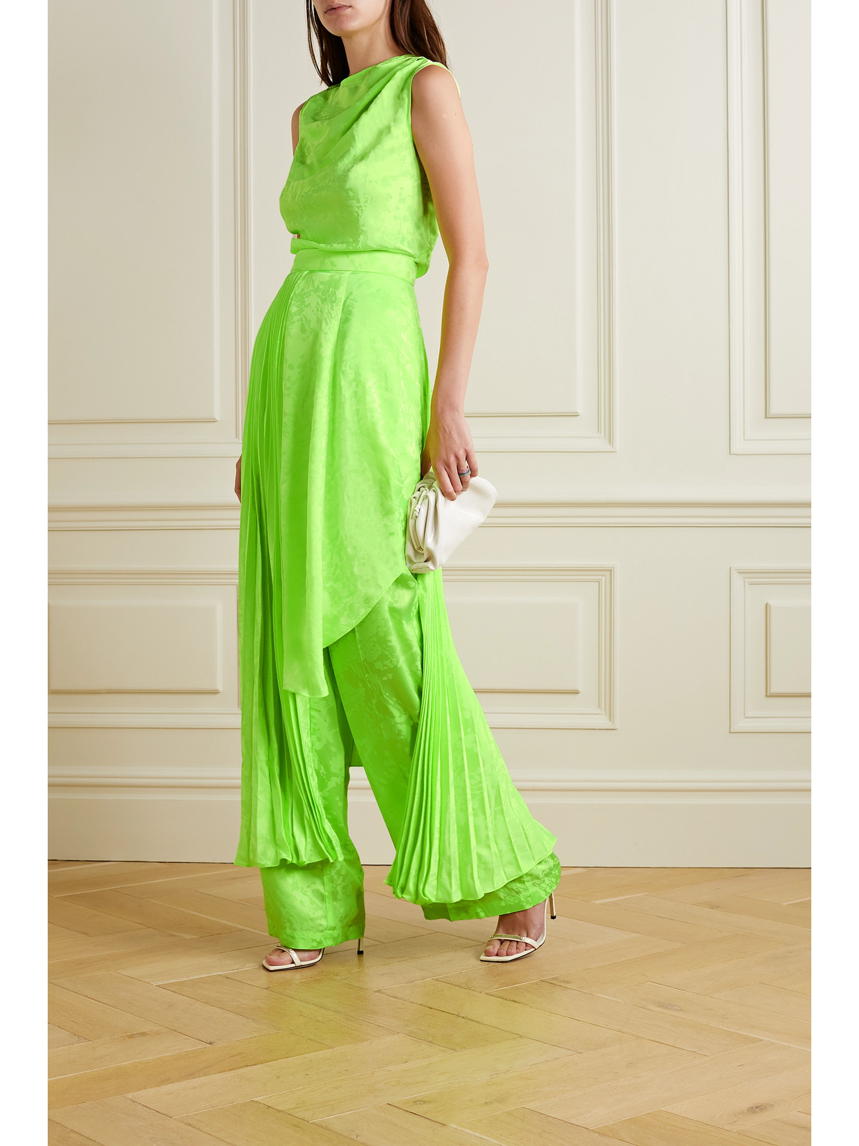 Christopher John Rogers Asymmetric Pleated Neon Viscose Skirt In Green