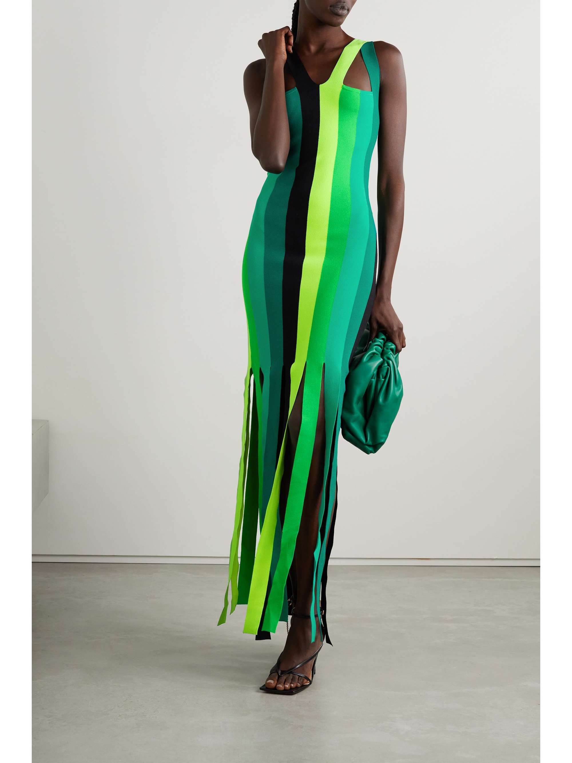 Striped fringed stretch-knit maxi dress 