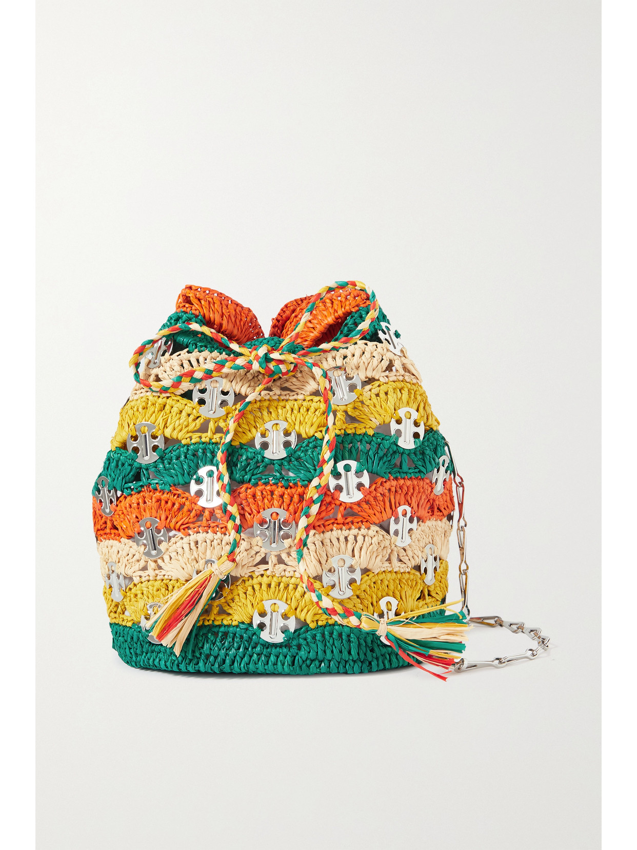 Rabanne Multicoloured Chain Mail Raffia Bucket Bag In Green