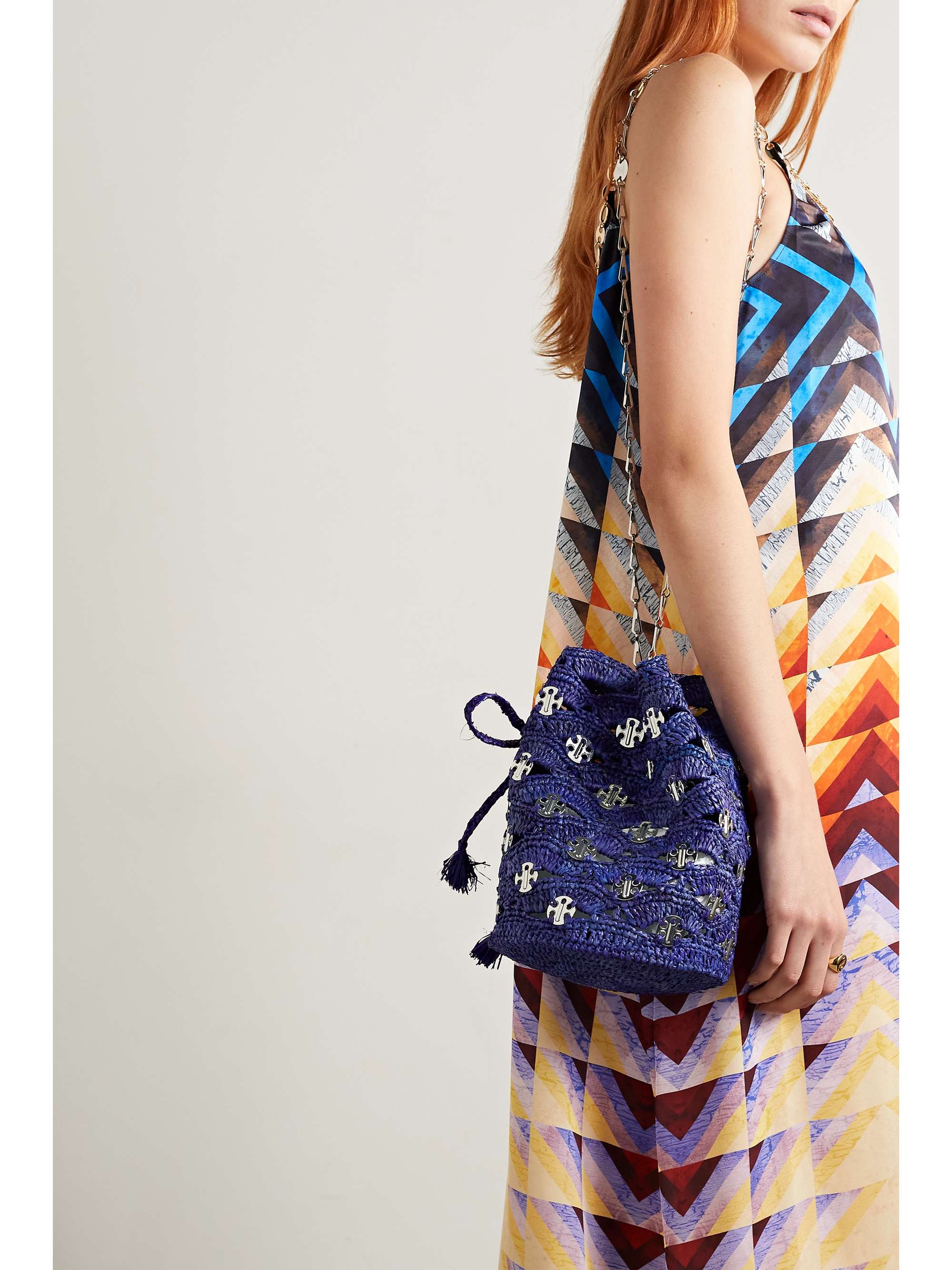 PACO RABANNE Embellished raffia bucket bag