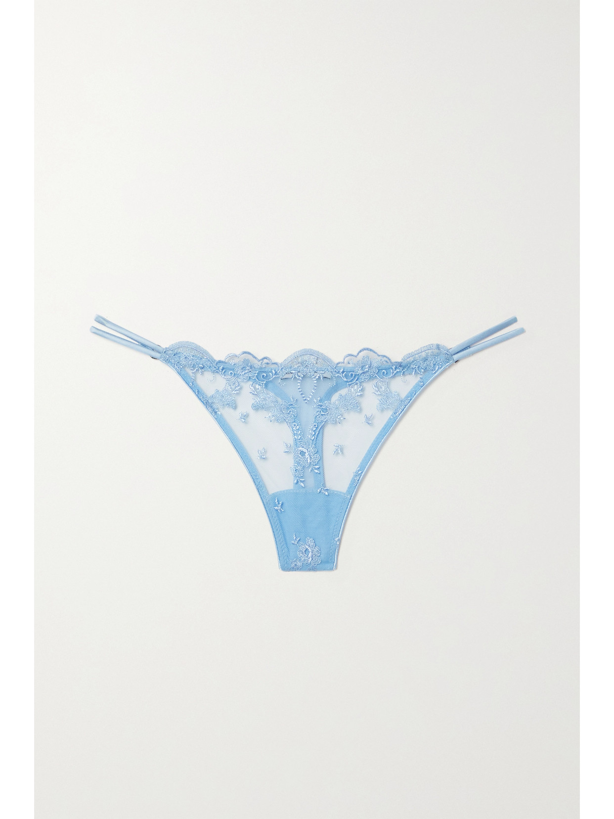 I.D. Sarrieri - Petal Bloom Satin-trimmed Embroidered Tulle Thong - Sky blue 22 Awaiting product image