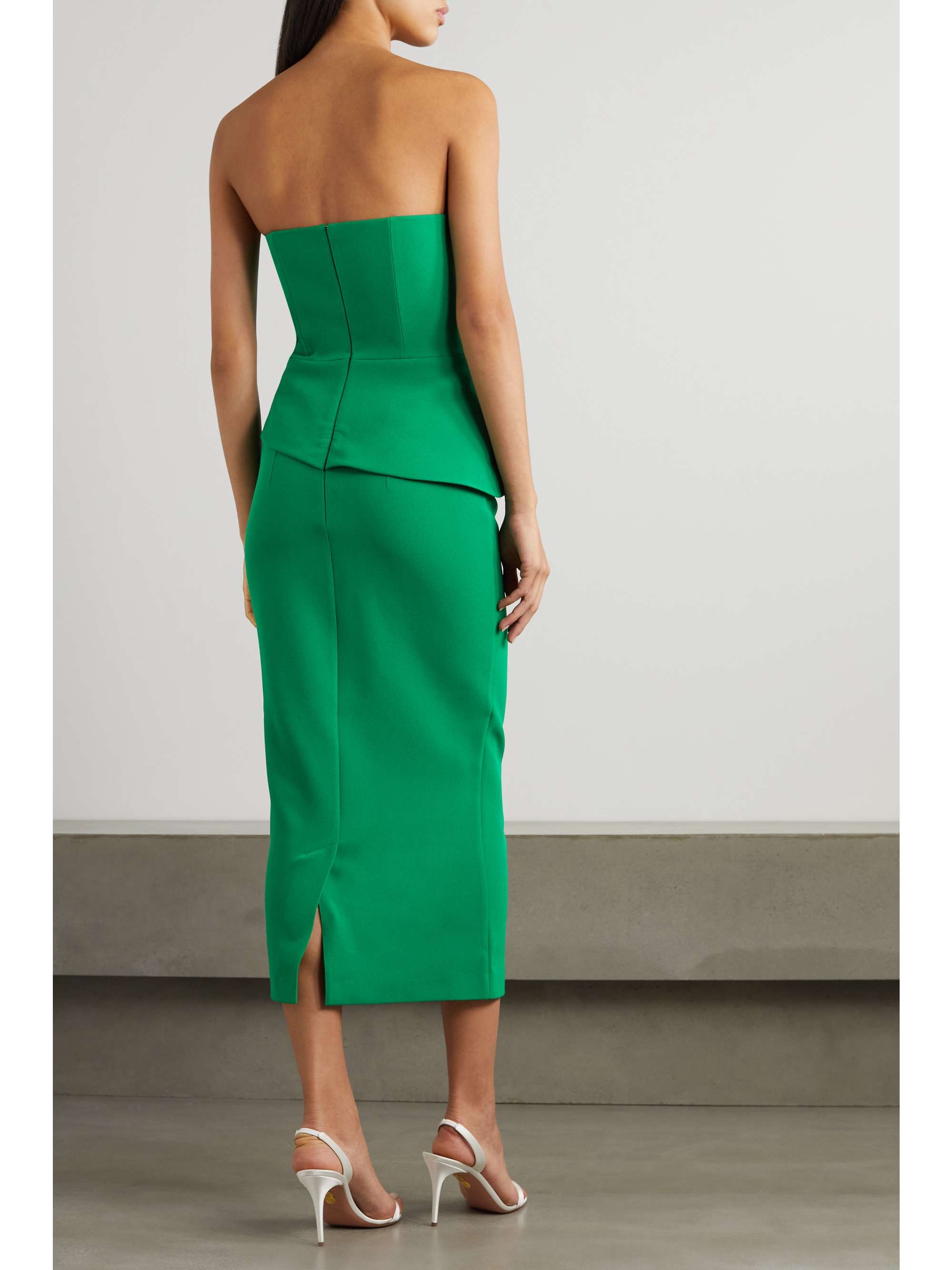 SAFIYAA Delani strapless draped stretch-crepe peplum midi dress