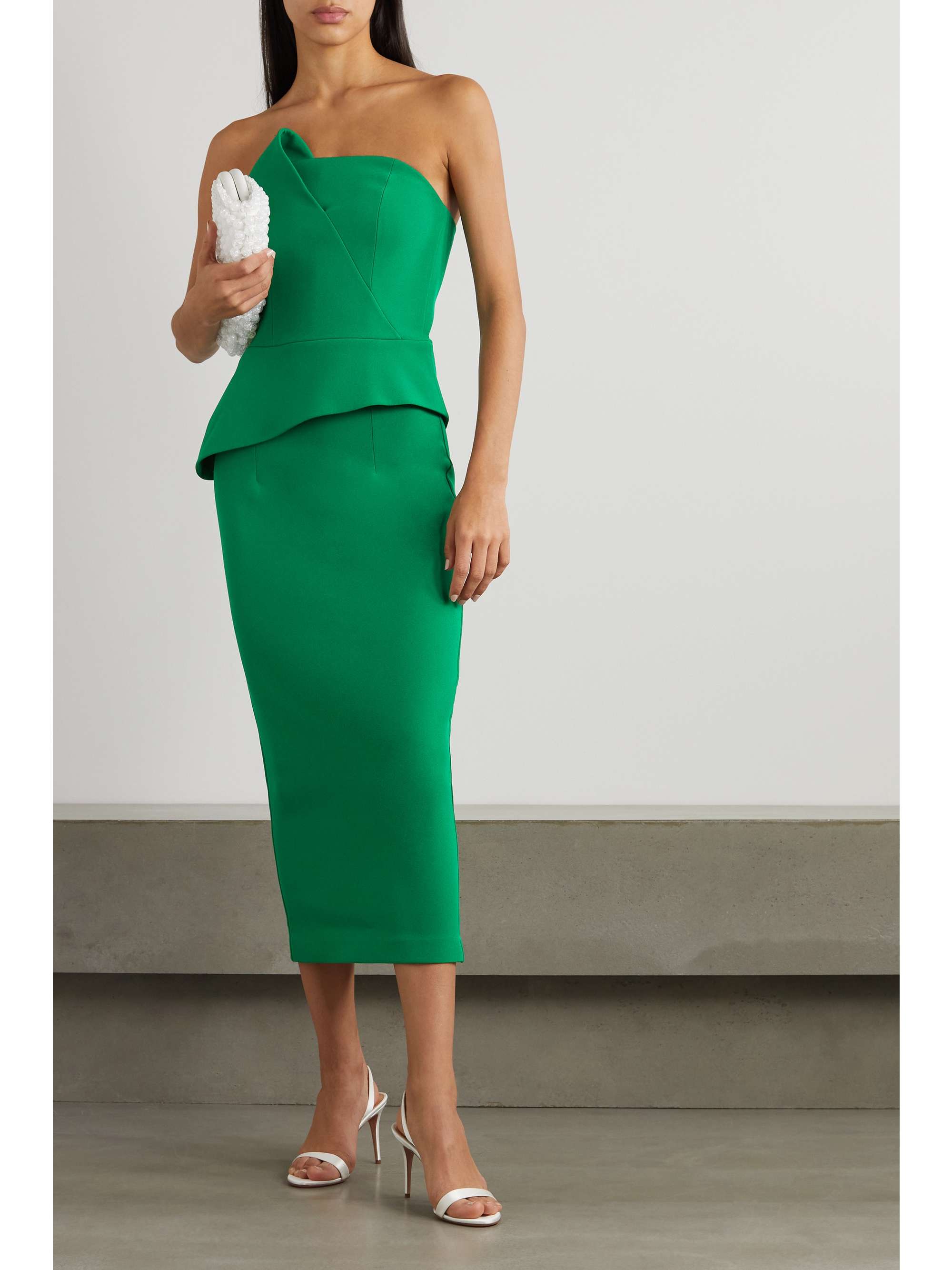SAFIYAA Delani strapless draped stretch-crepe peplum midi dress