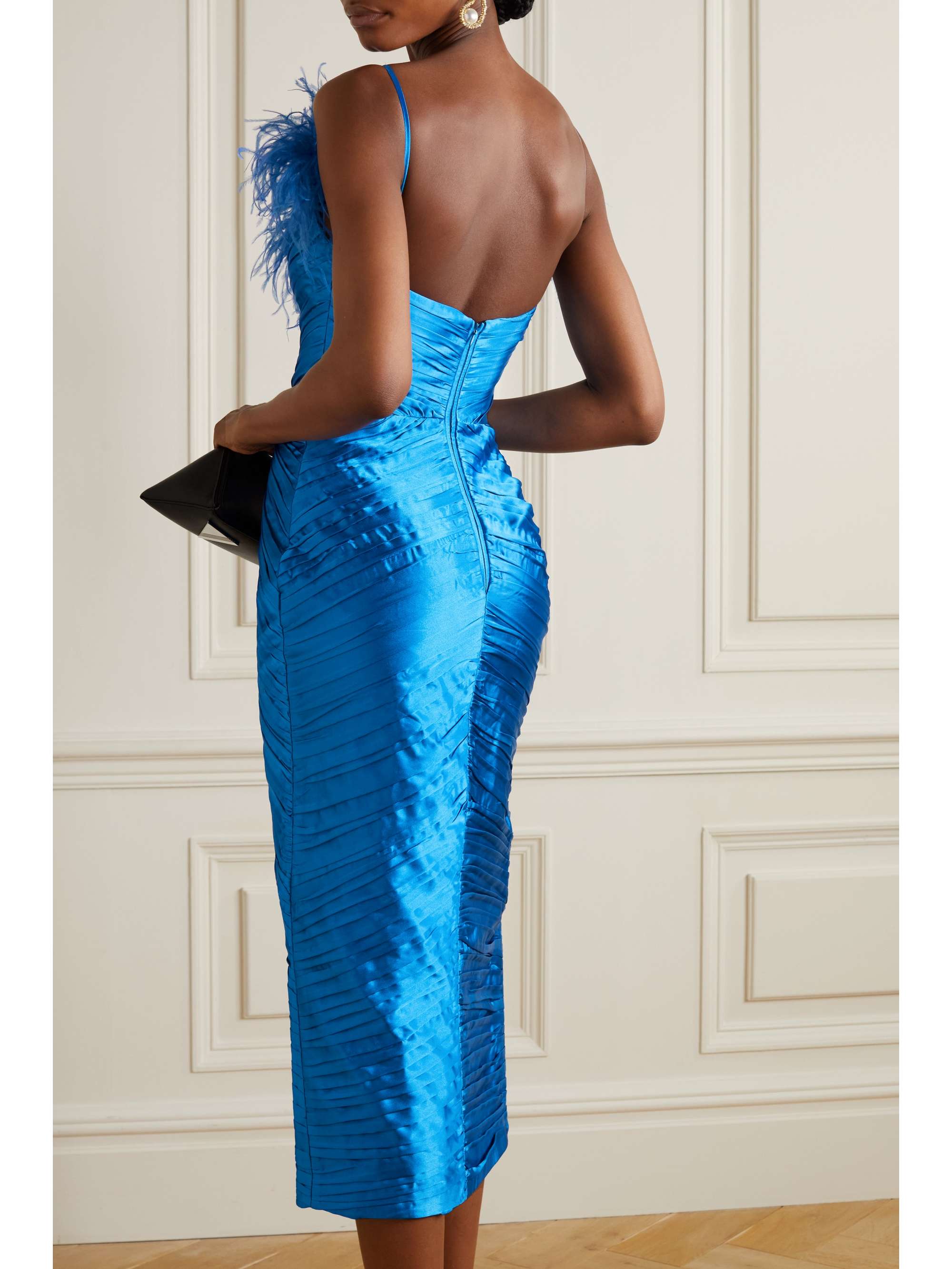 RASARIO Feather-trimmed ruched satin midi dress