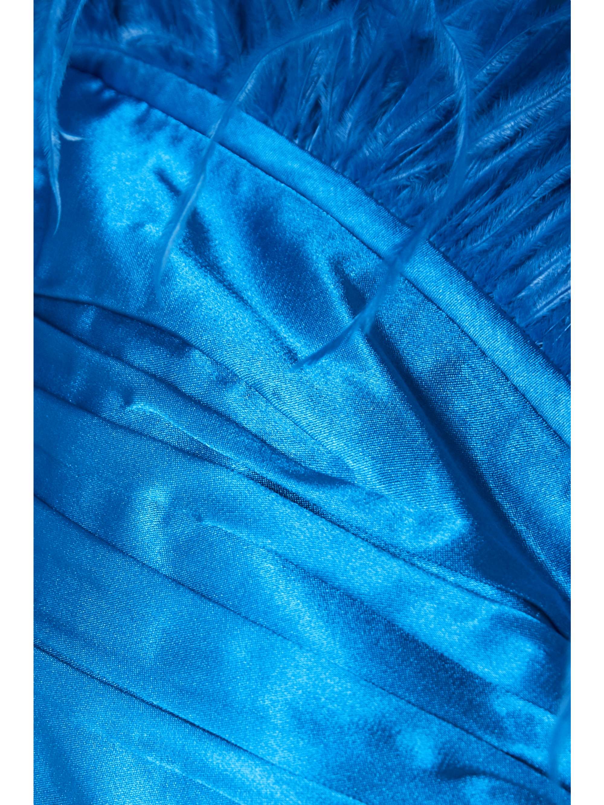 RASARIO Feather-trimmed ruched satin midi dress